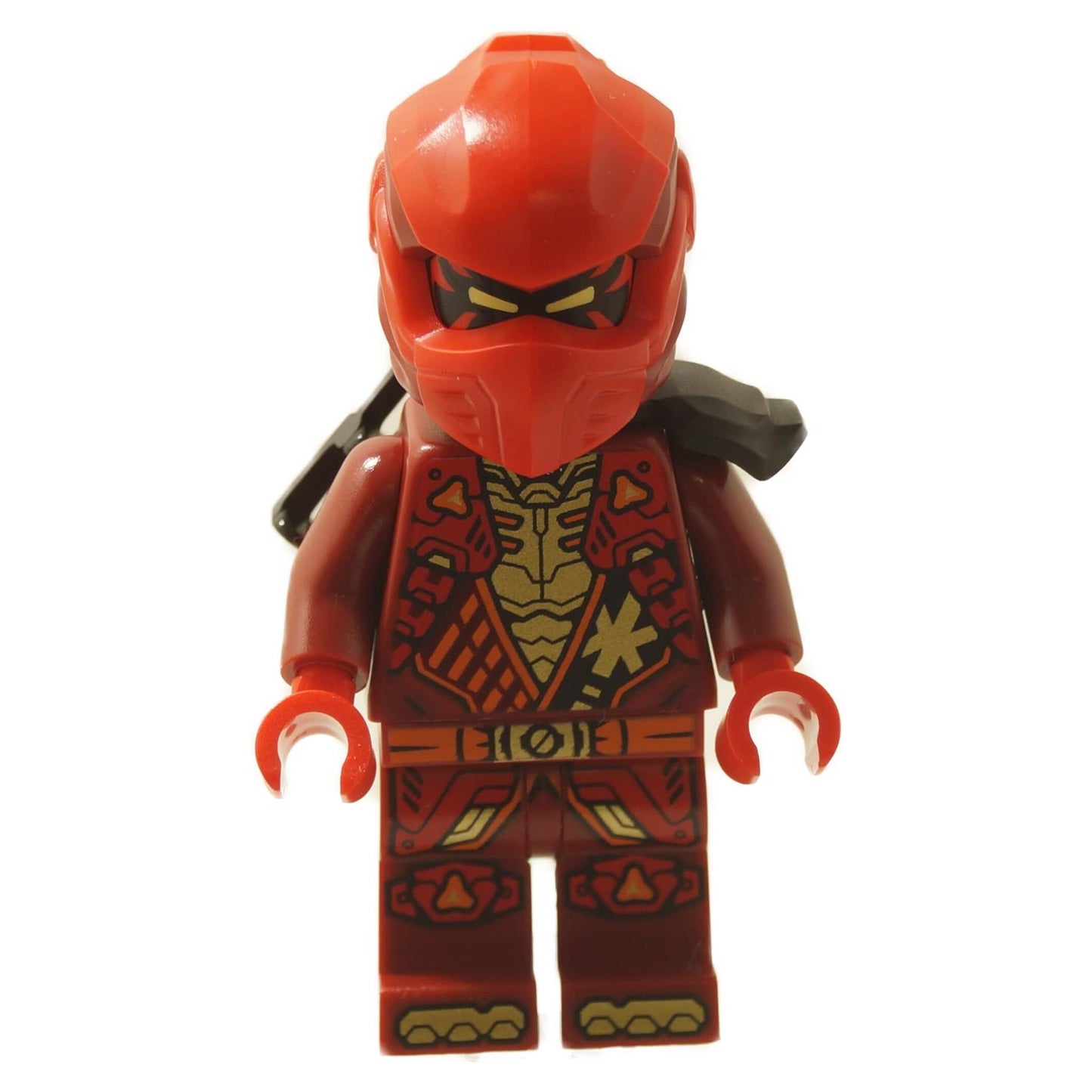 Red ninja minifigure with red mask helmet and detailed armor print outfit