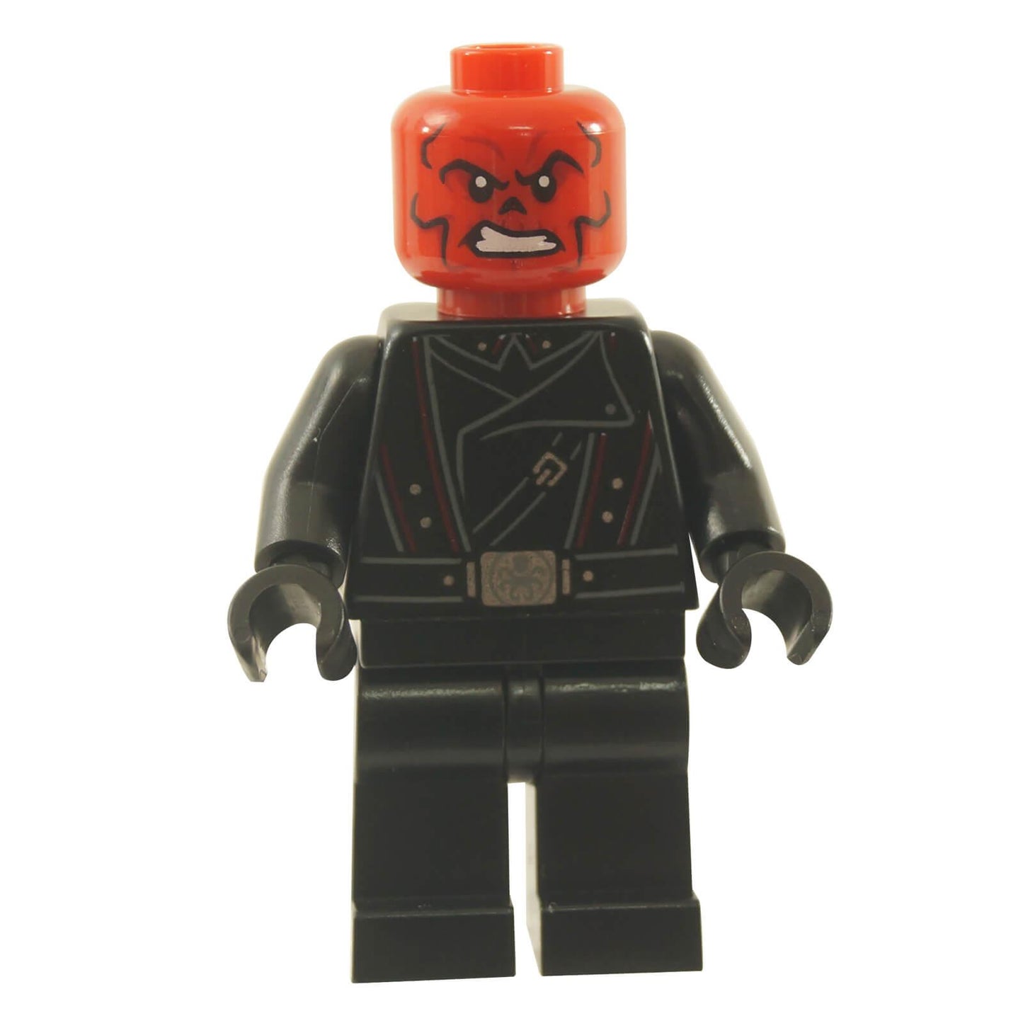 LEGO minifigure representing Red Skull, featuring a black Hydra officer's uniform with a silver belt buckle print, and a vivid red head with an angry expression.