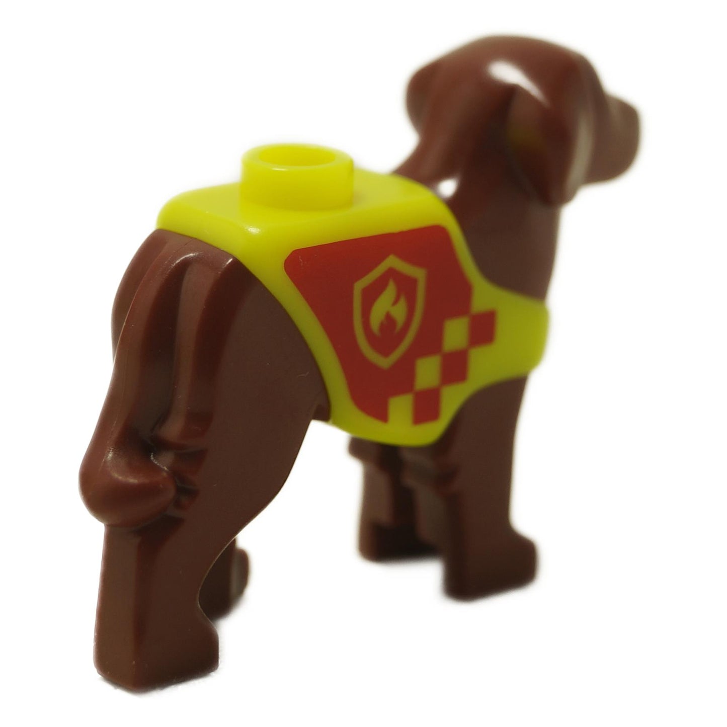 Rescue dog labrador figure rear angle view showing neon yellow vest with red fire logo and brown body