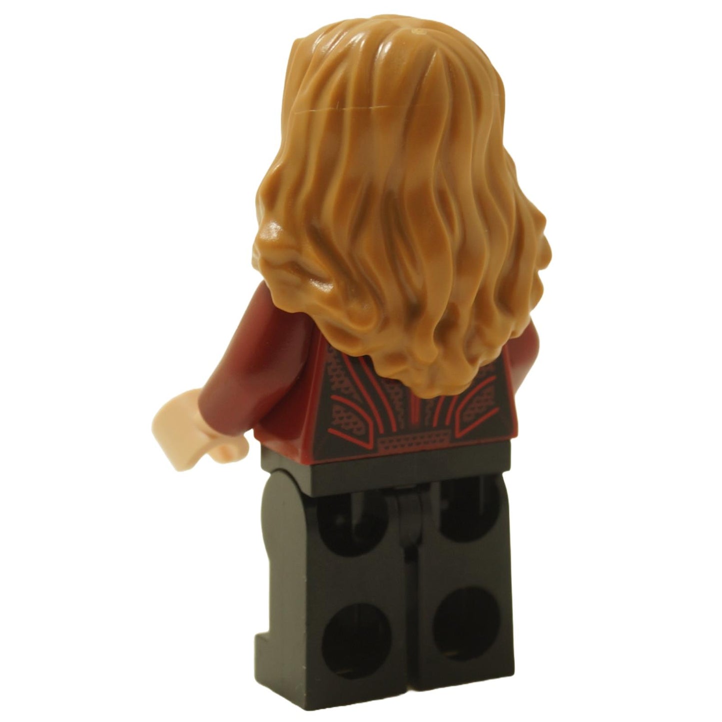 Back view of LEGO® Scarlet Witch minifigure sh0831 with long hair and plain black legs