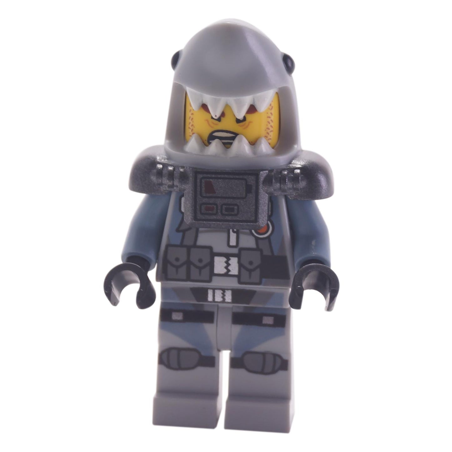 LEGO NINJAGO Shark Army Great White minifigure with a shark helmet and scuba suit.