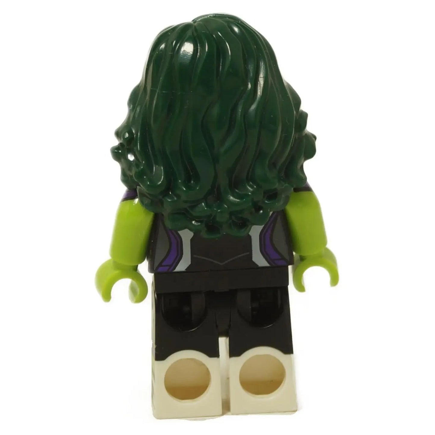 LEGO® She-Hulk Marvel Studios Series 2 minifigure back view with dark green wavy hair and purple suit detail close-up