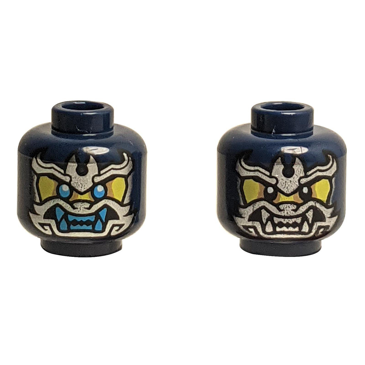 Two dark blue LEGO heads 3626pb3542 with dual-sided samurai mask prints.