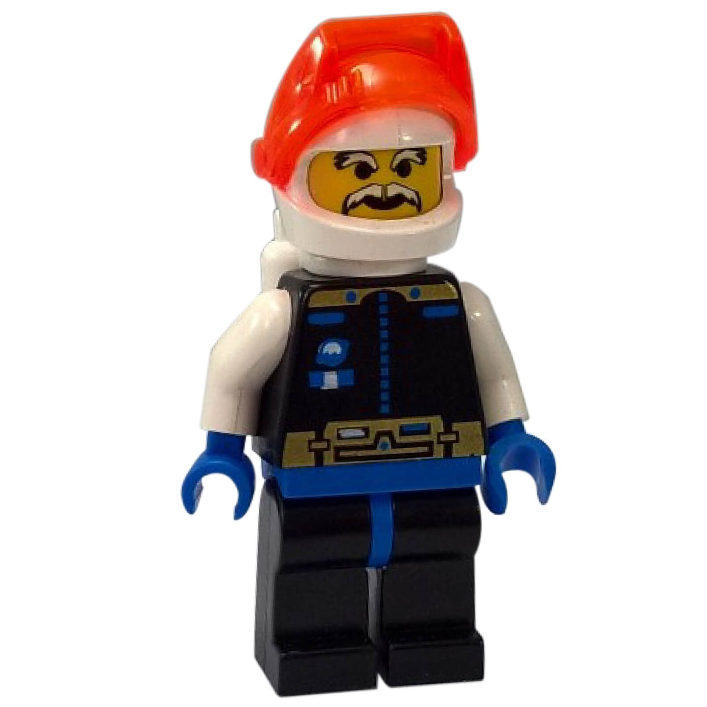 LEGO Ice Planet minifigure with white eyebrows and mustache, wearing a black and blue suit with orange and blue accents, white helmet, and translucent orange visor.