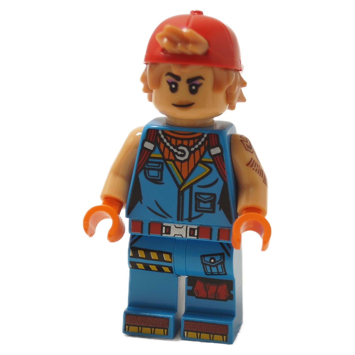 Sparkplug LEGO® Fortnite minifigure (fort014) front view with red cap, blue mechanic overalls print, and tattoo arm