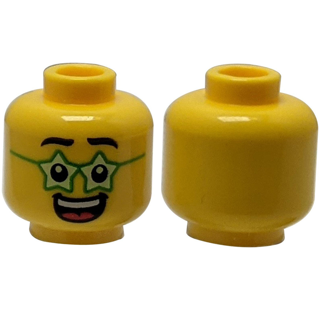 LEGO head 3626cpb2612 with green star glasses and smile, front and back.