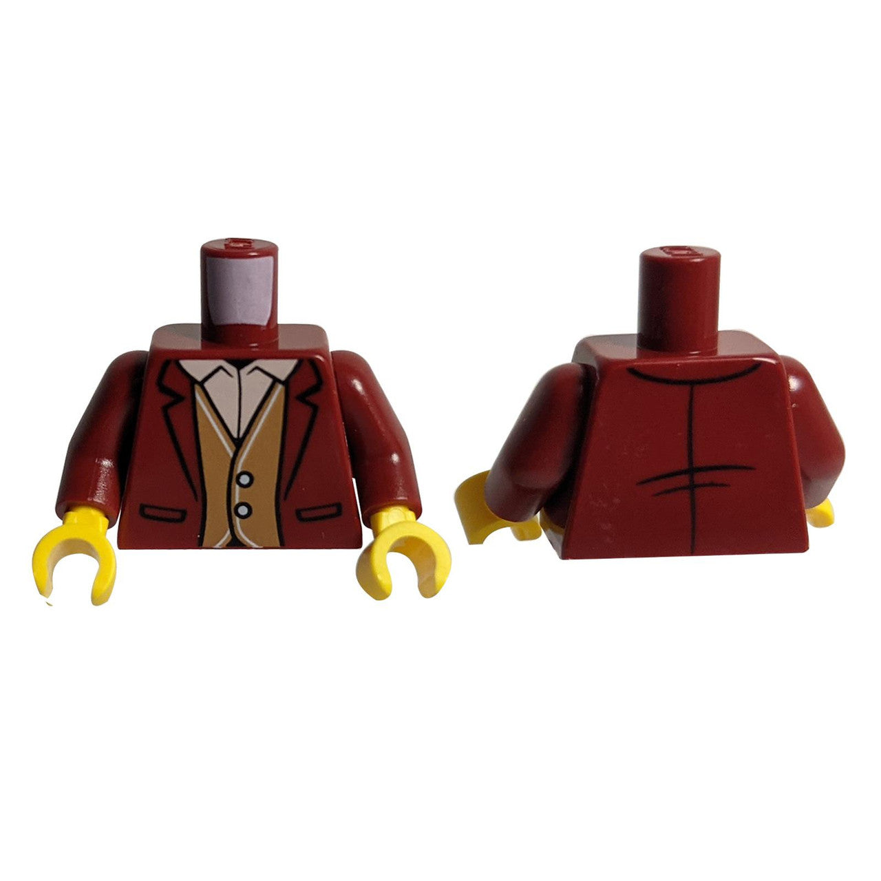 LEGO® minifigure torso with suit jacket print, tan vest, white shirt collar, button details, pocket lines, dark red arms, and yellow hands