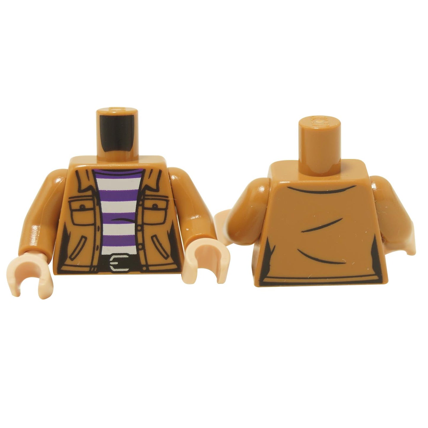 Torso de minifigura femenina Beige con impresión de chaqueta, camisa a rayas y detalle de cinturón, mostrado por delante y por detrás sobre fondo blanco