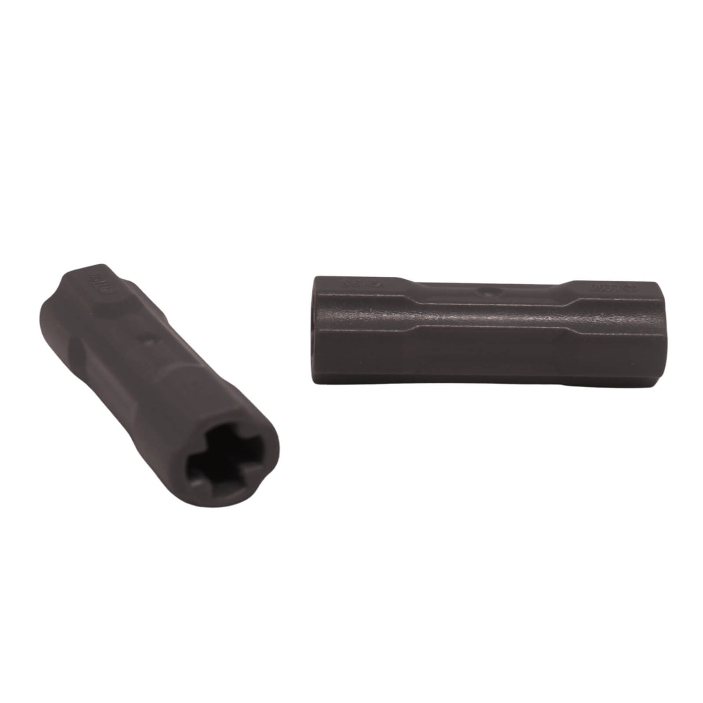 LEGO Technic Axle Connector 3L part 26287 shown from side and front angle dark bluish gray