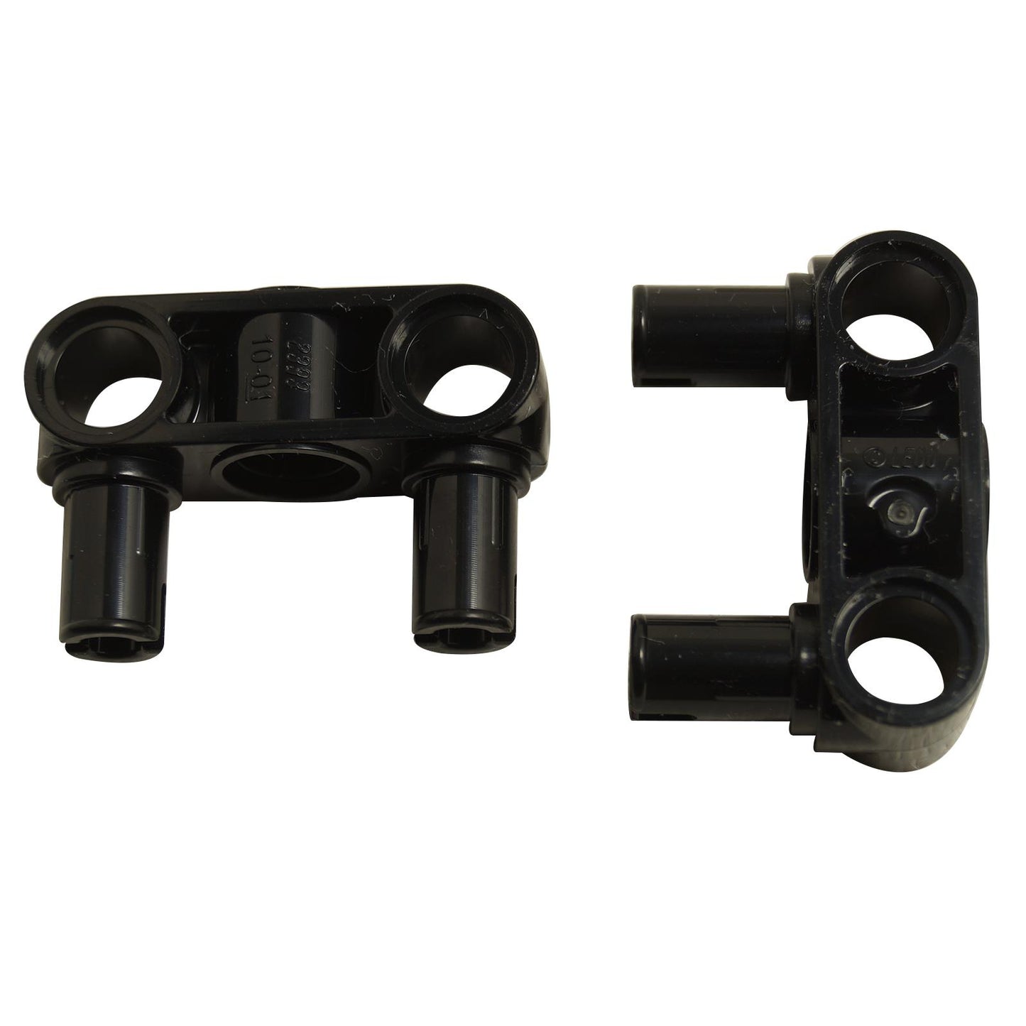 LEGO Technic Black 3L Perpendicular Pin Connector, front and side views