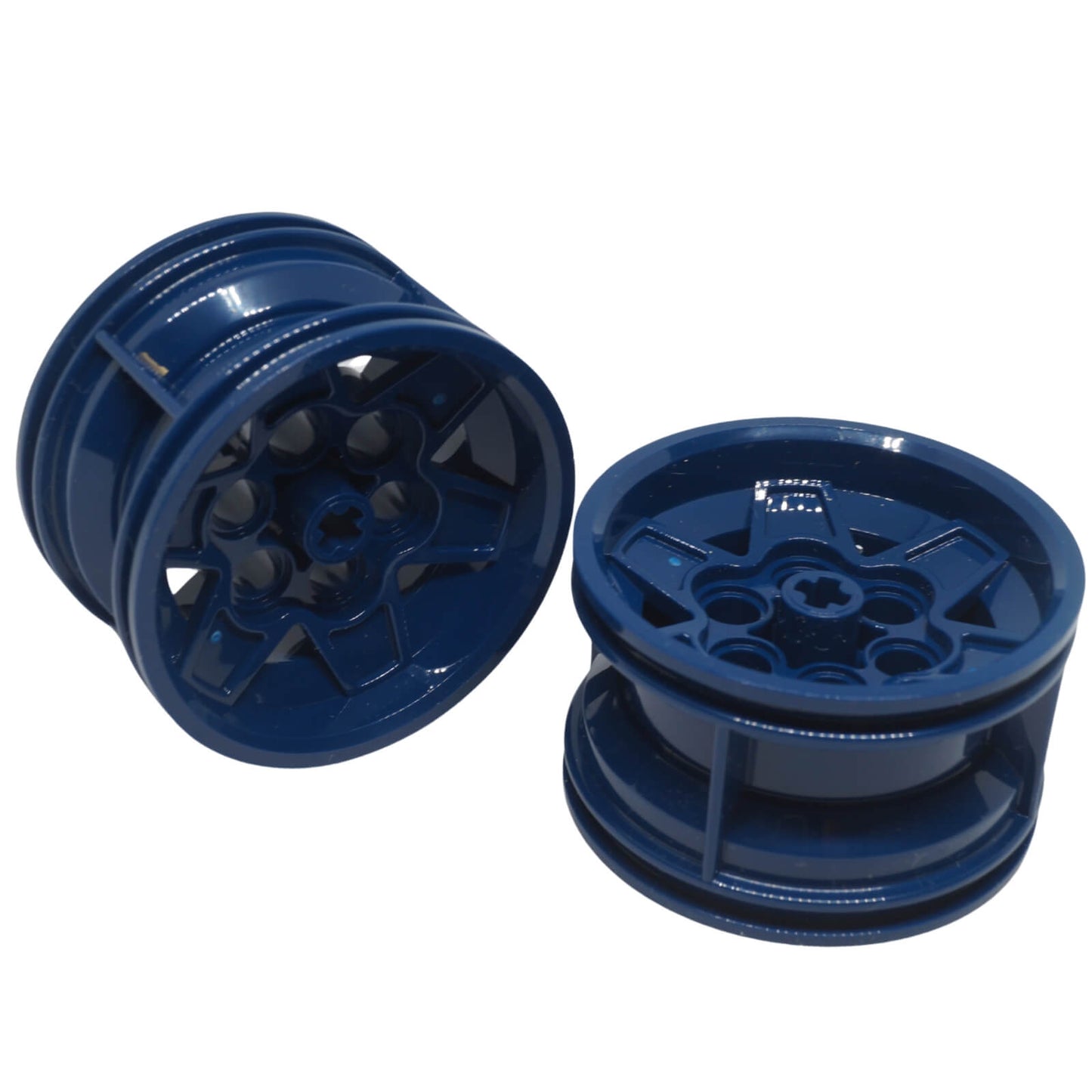 Dark blue LEGO Technic Racing Wheel 43.2 x 26 mm part 56908 shown from front and angled views