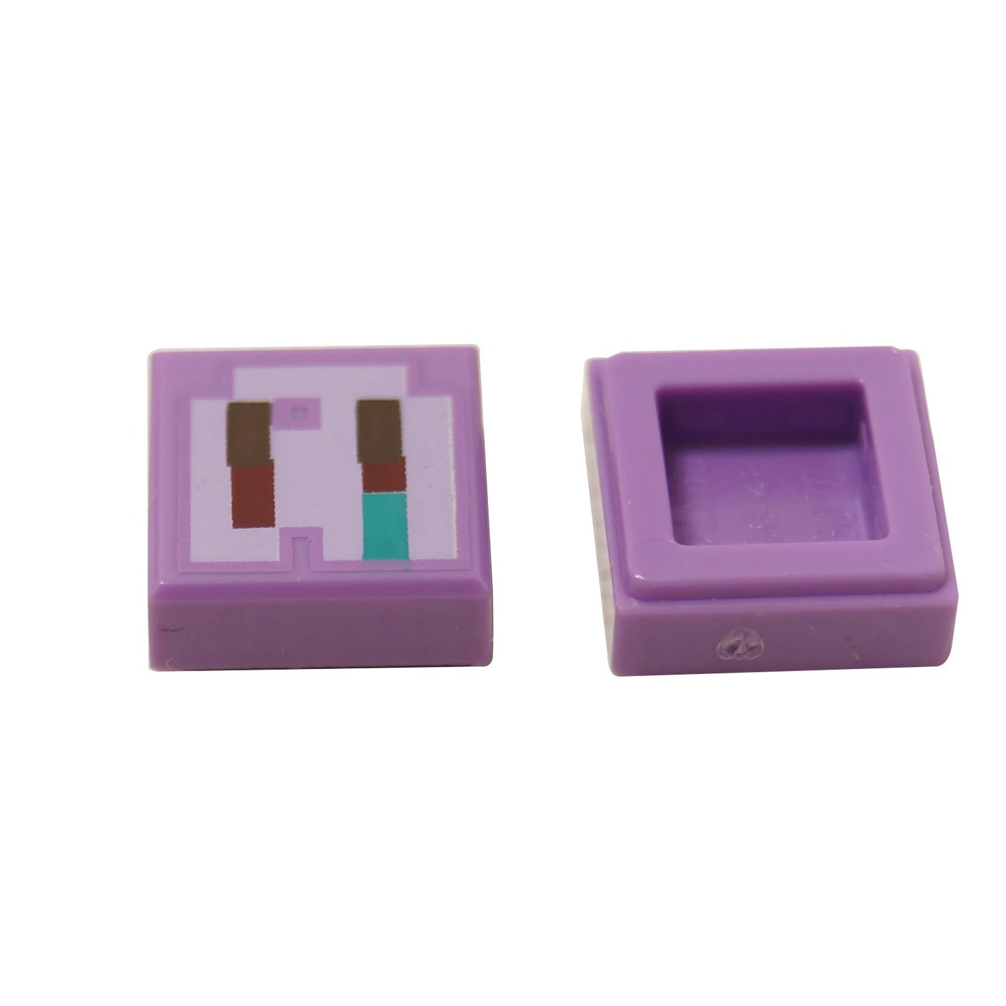 Medium lavender LEGO® tile 1x1 with pixelated dark brown, dark red and dark turquoise rectangles on lavender background Minecraft Devourer nose pattern close-up view