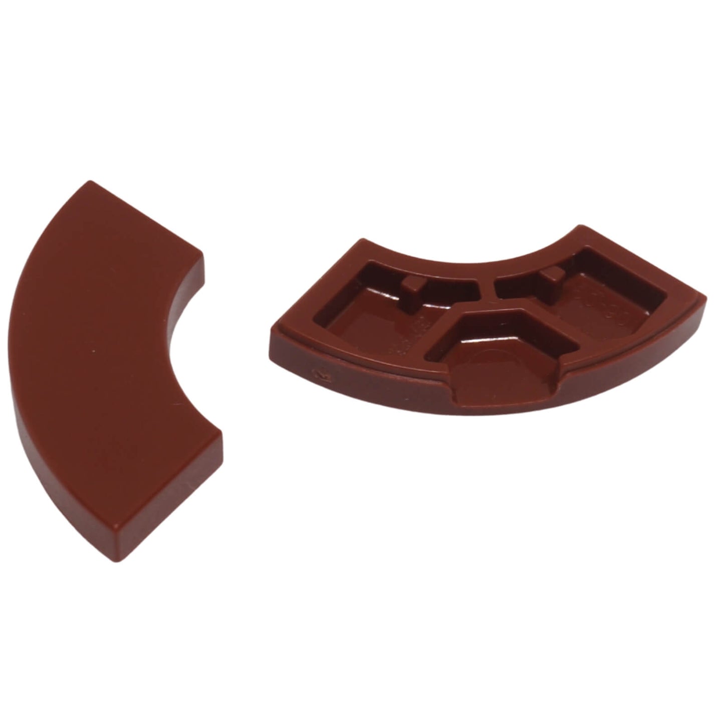 LEGO Tile Round Corner 2 x 2 Macaroni part 27925 shown from top and underside reddish brown