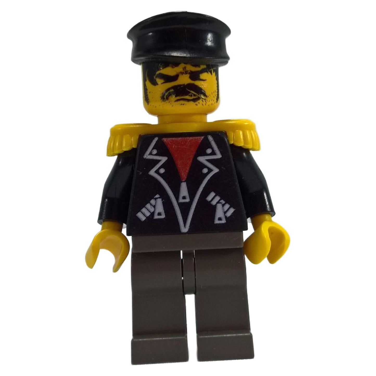 LEGO® Time Twisters minifigure Tony Twister / Baron Blomberg (tim001), wearing black jacket with red vest, epaulettes, cap, and stern facial expression