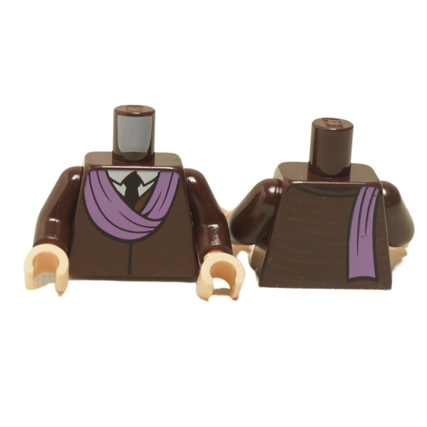 LEGO minifigure torso with dark brown suit and lavender sash, including light nougat hands and dark brown arms.