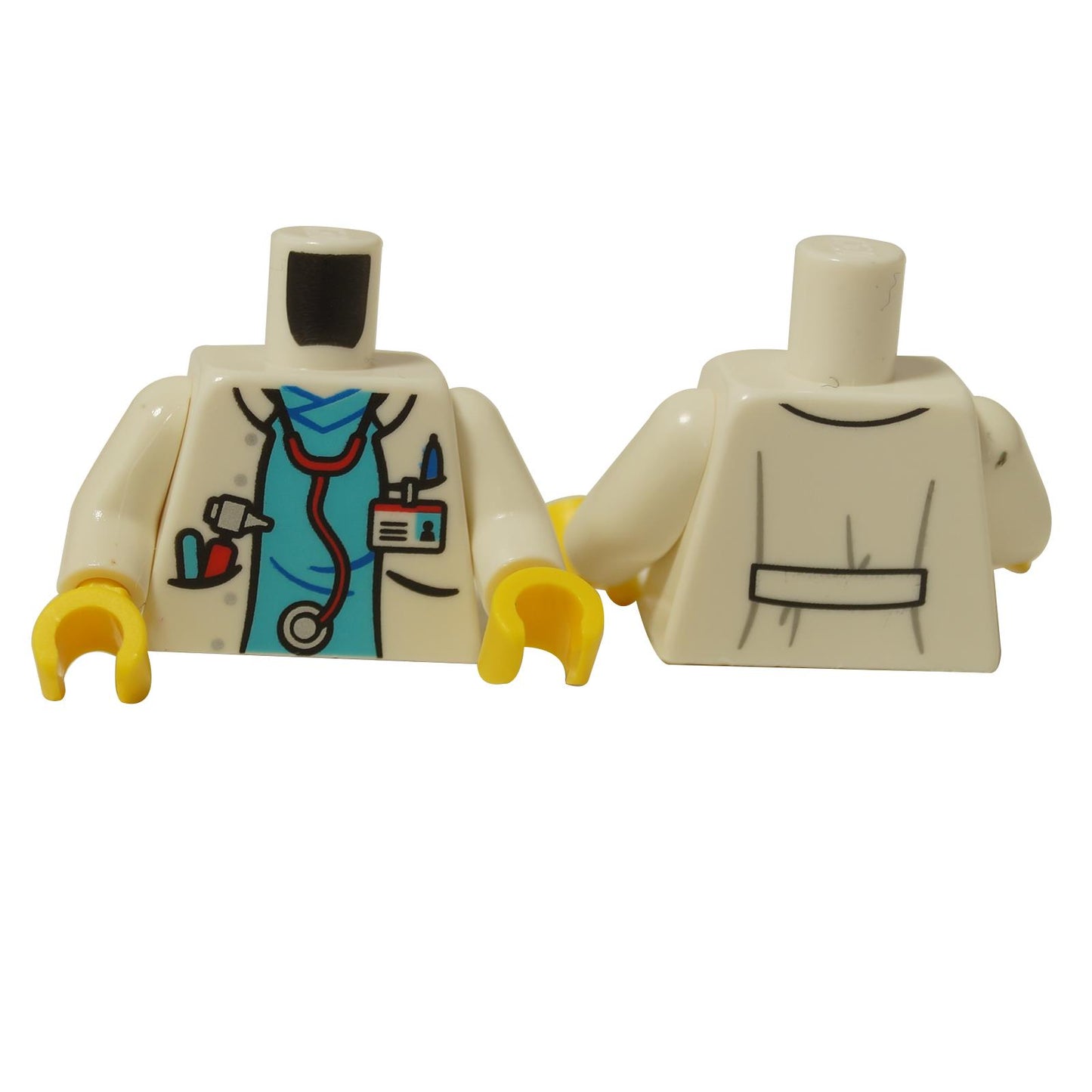 LEGO® Doktor Torzo s bílým laboratorním pláštěm, modrými scrubs a stetoskopem. Pohled zepředu a zezadu.