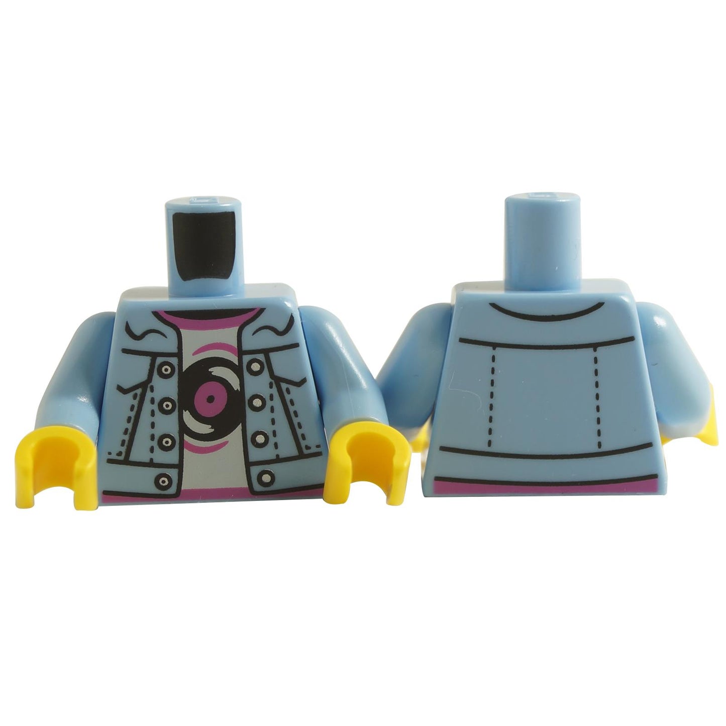 LEGO minifigure torso with a light blue denim jacket and a pink t-shirt with a record print, including yellow hands