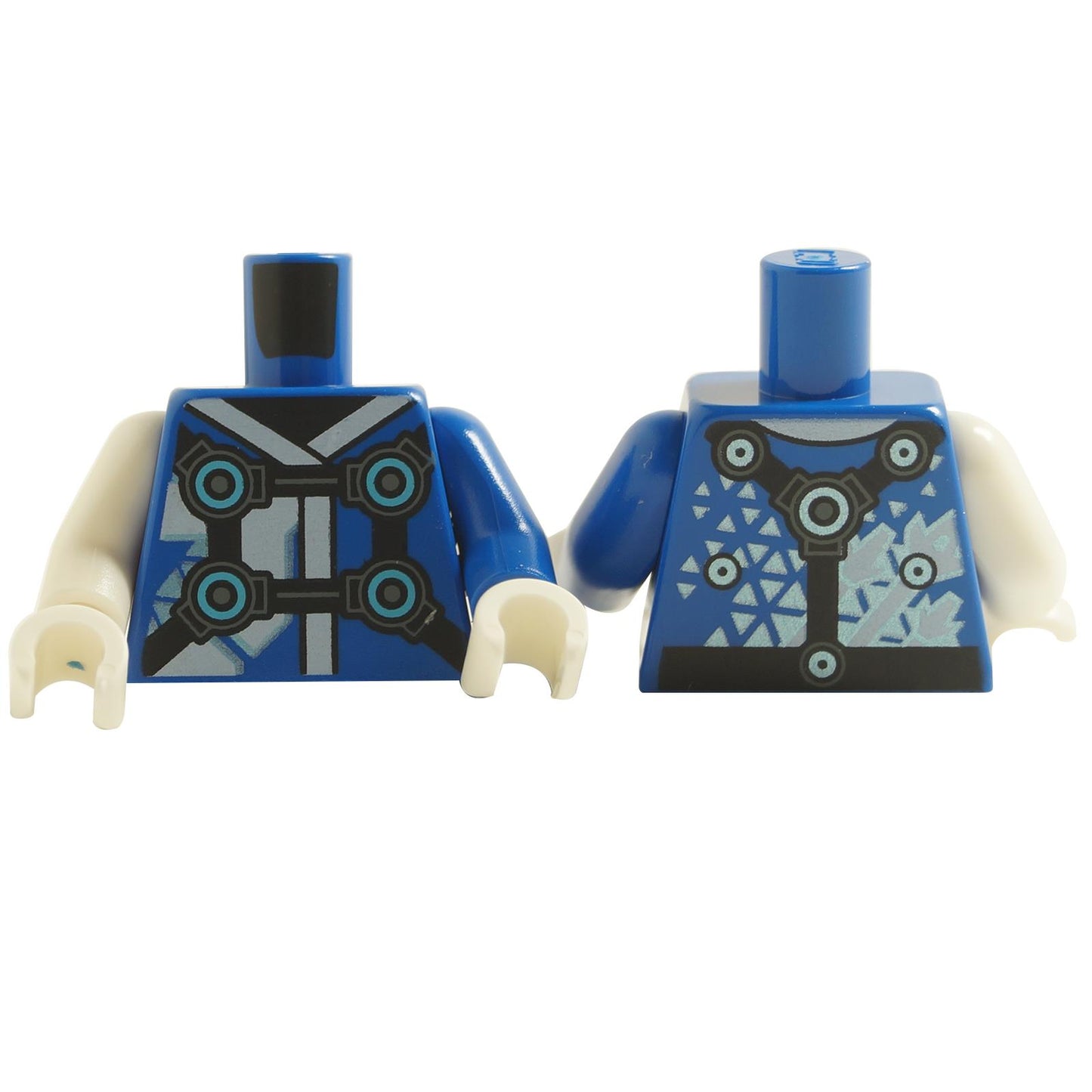 LEGO minifigure torso with blue armor design, silver and black tech-inspired patterns, and white arms and hands.