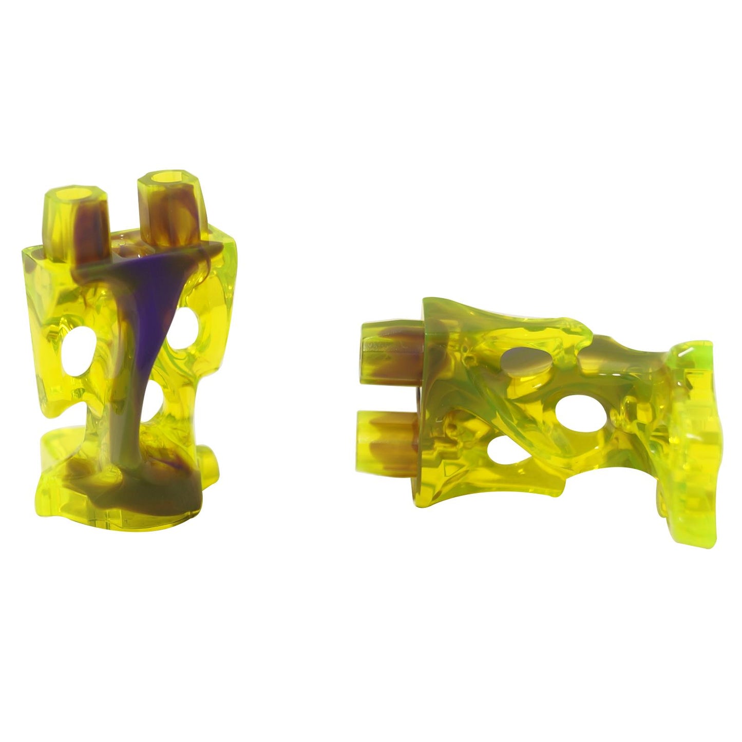 Trans-neon yellow ghost lower body piece with marbled dark purple pattern, shown from front and side on white background