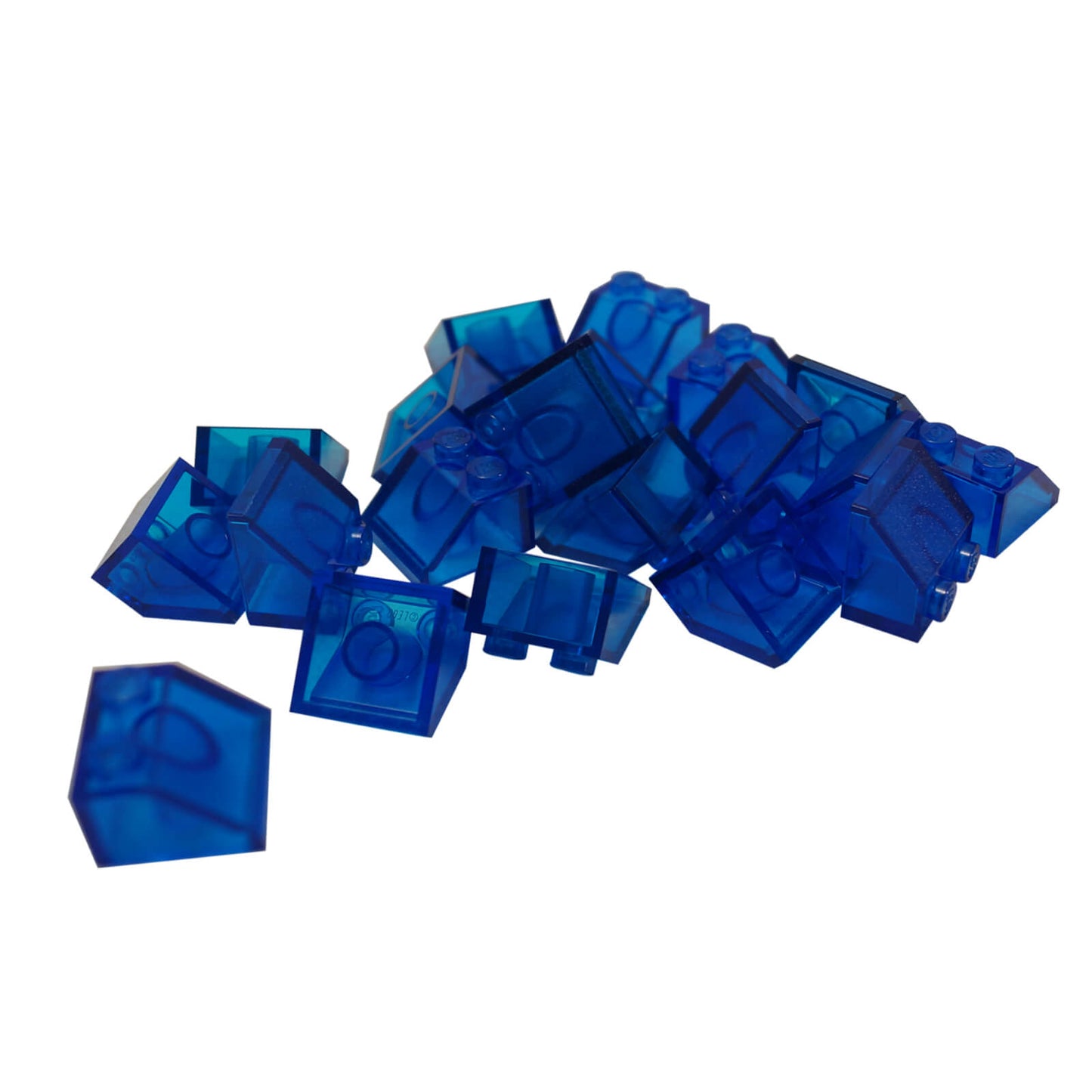 Transparent dark blue 45 degree slope brick 2 x 2 for angled builds, roofs and shaping