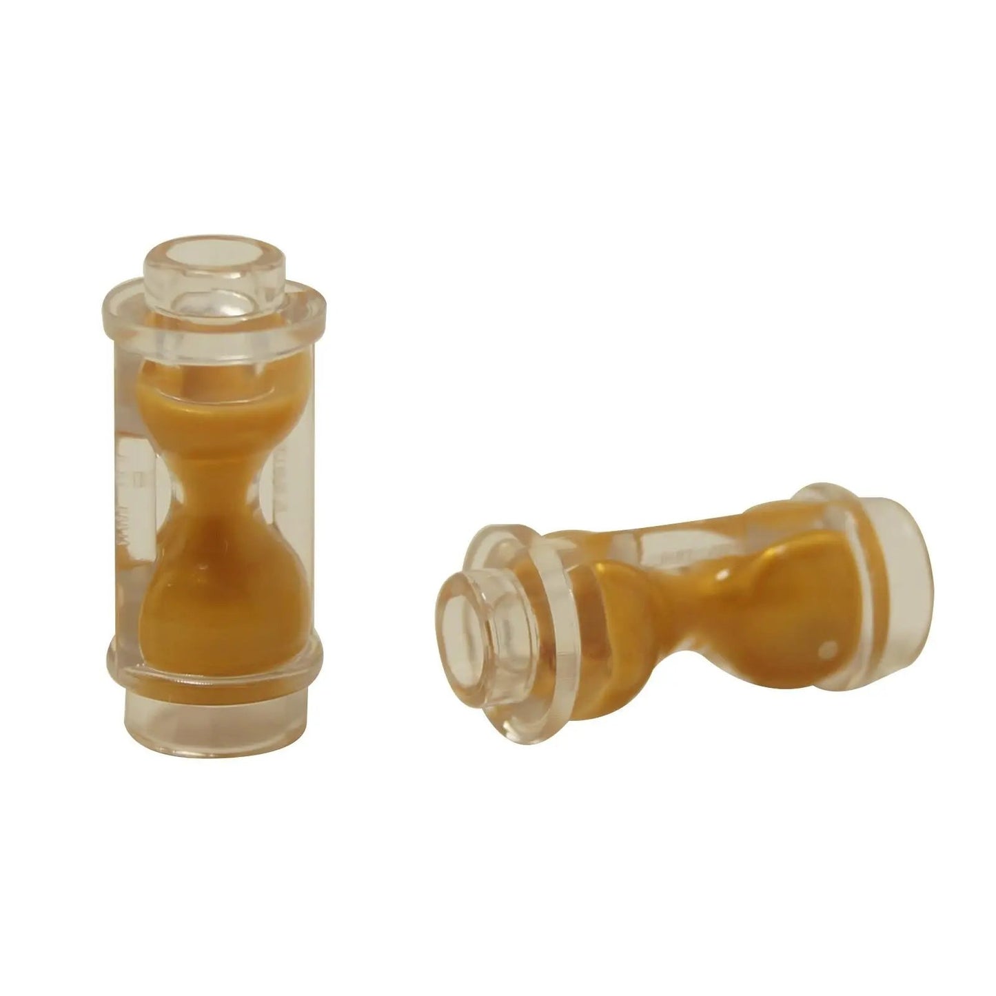 Transparent minifigure hourglass utensil with molded pearl gold sand pattern, shown upright and sideways.