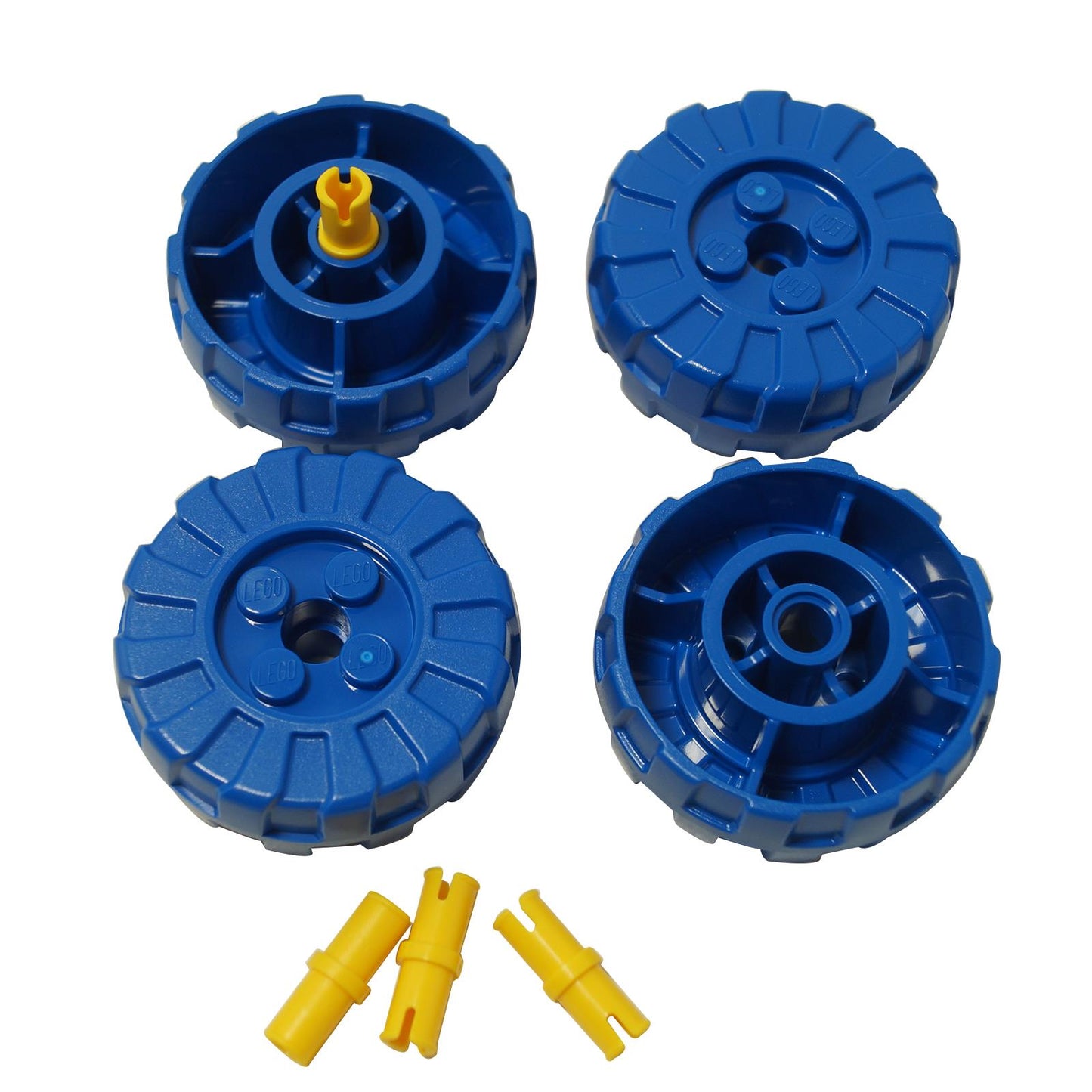 Blue 36mm treaded hard plastic wheel with 4 studs and yellow Technic pin, rugged tire style piece