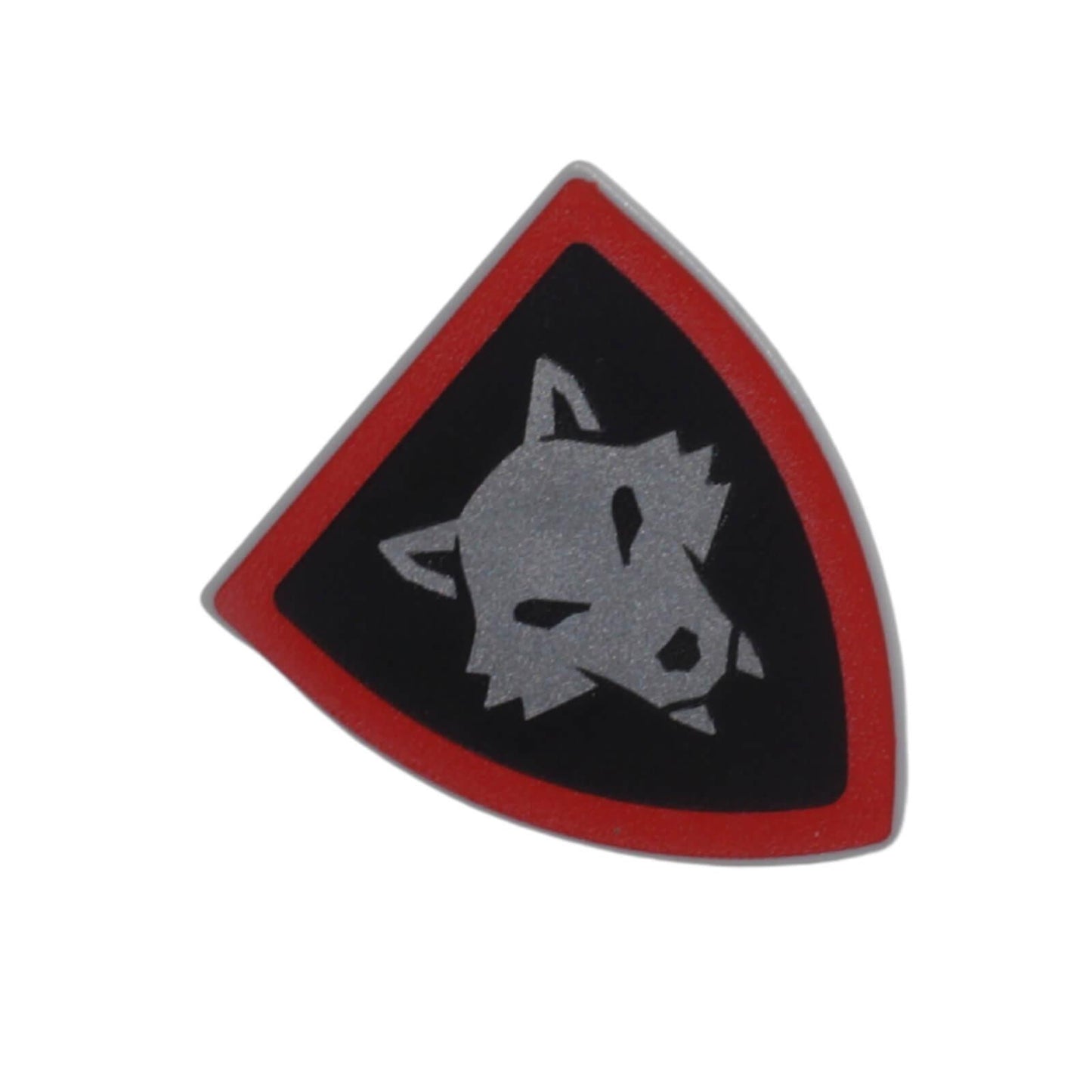 LEGO triangular shield with silver wolf emblem and red border part 3846pb077