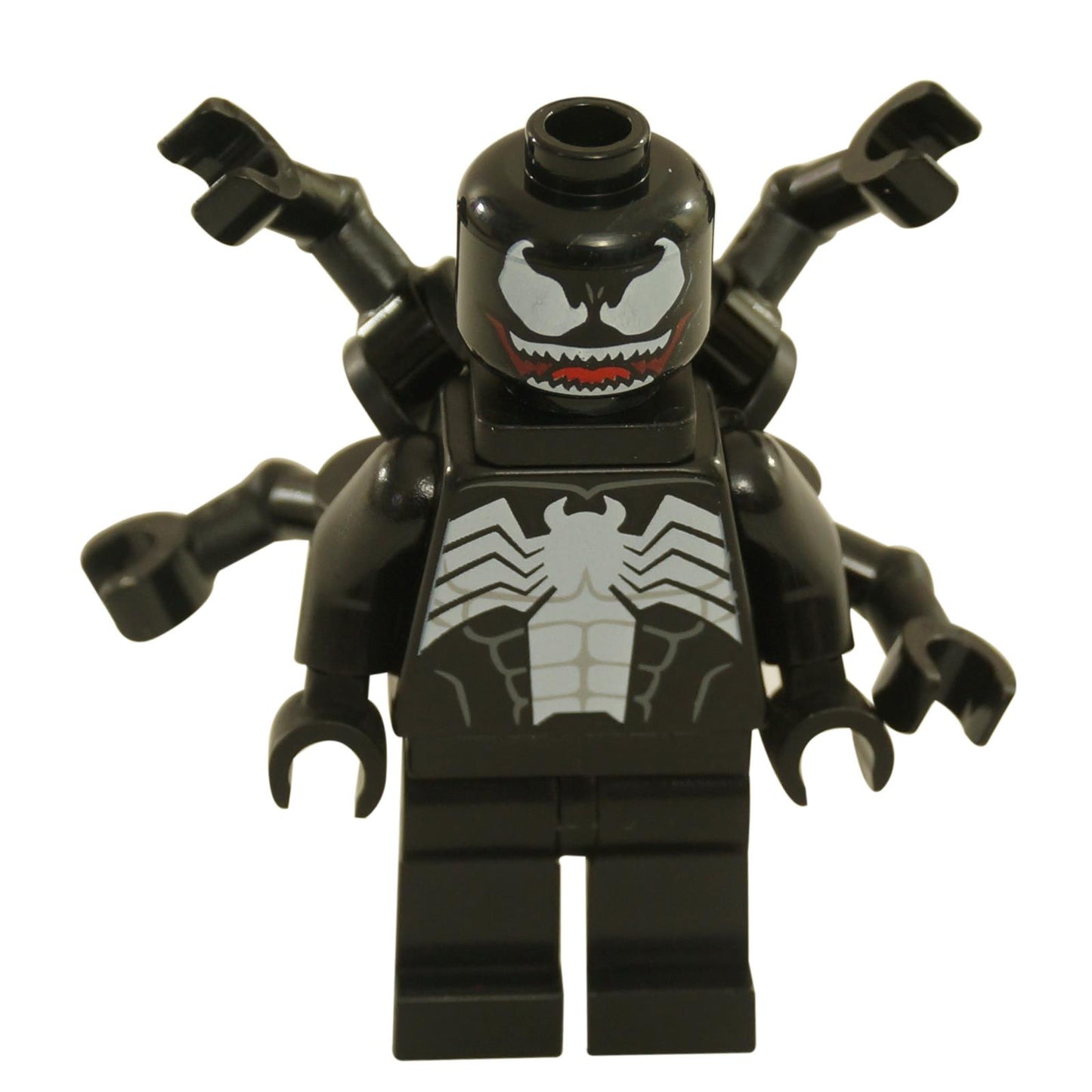 LEGO minifigure of Venom from Marvel with a black and white symbiote suit and four back appendages.