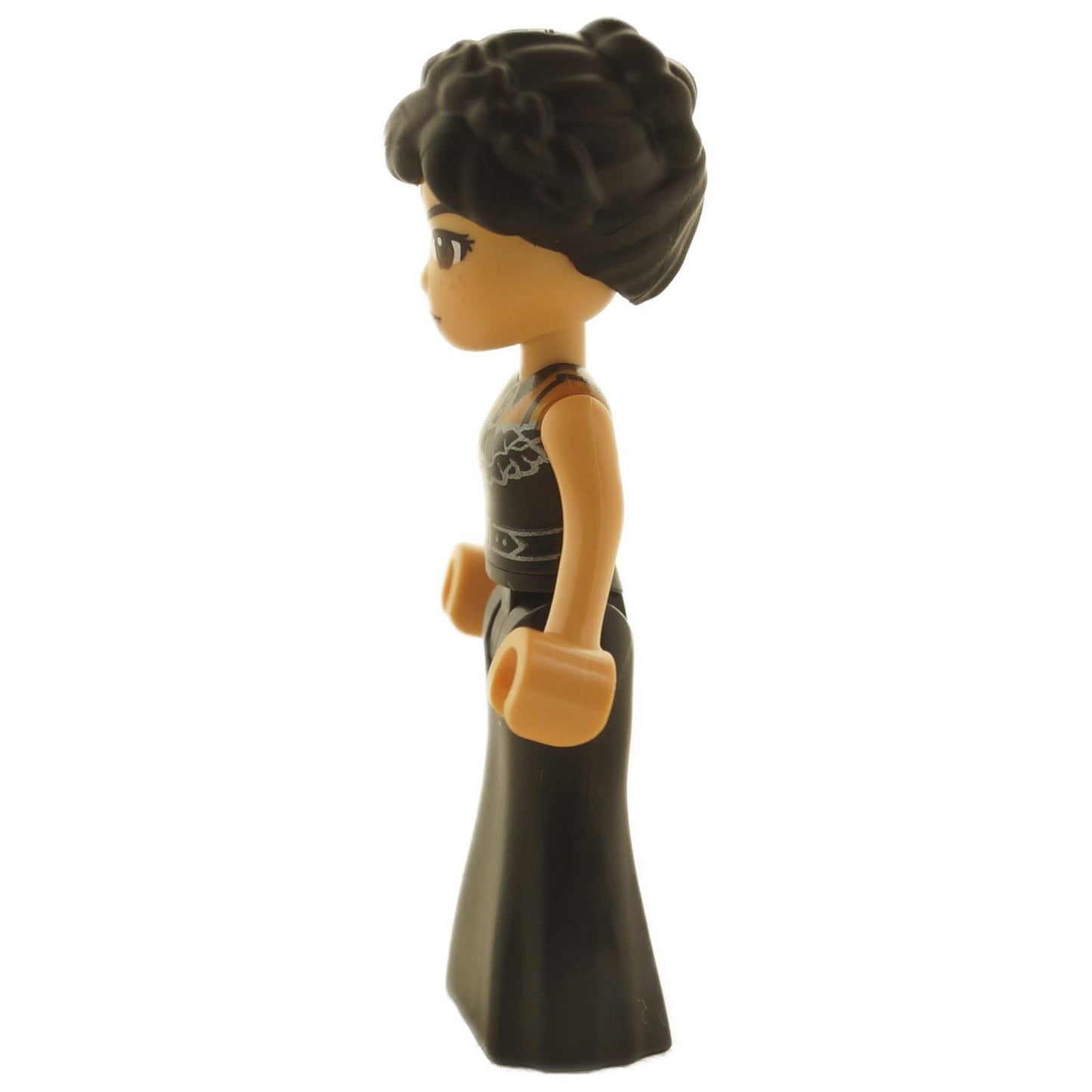 LEGO Wednesday Addams mini doll side view wearing black Rave'N dance dress with braided hair wed004
