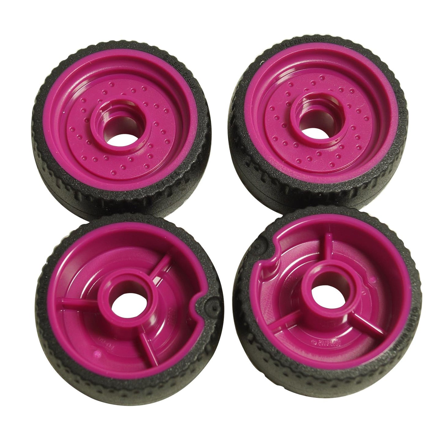LEGO® Wheel 24 x 12 with Pin Hole 72206pb01 with a magenta wheel hub and molded black hard rubber tire shown from front and rear.
