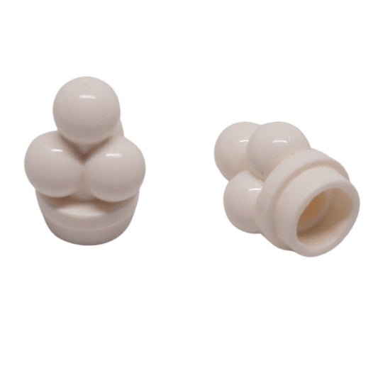 White LEGO® ice cream scoops part 6254 shown from two angles with clustered rounded scoops and hollow base connection