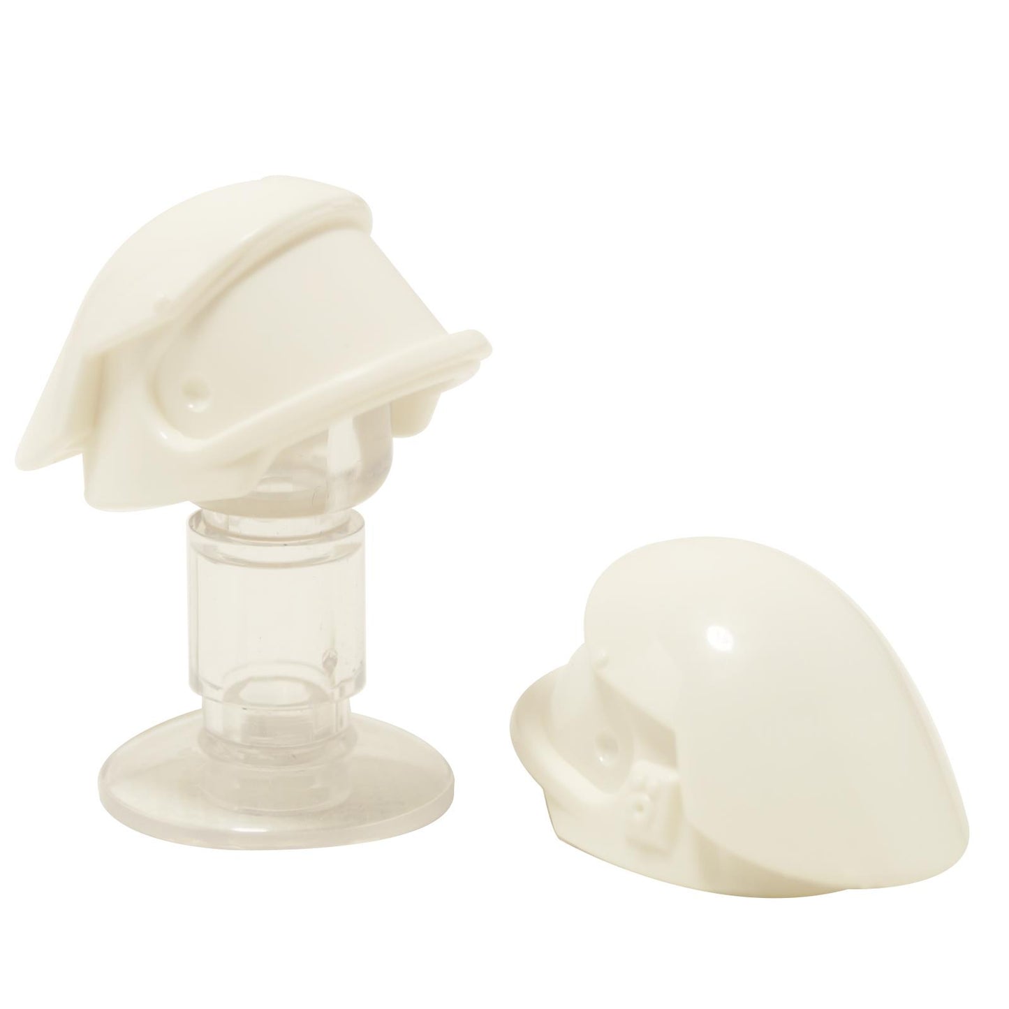 Casco de minifigura Blanco de Rebel Scout Trooper, mostrado de lado y por detrás en un soporte de exhibición transparente
``