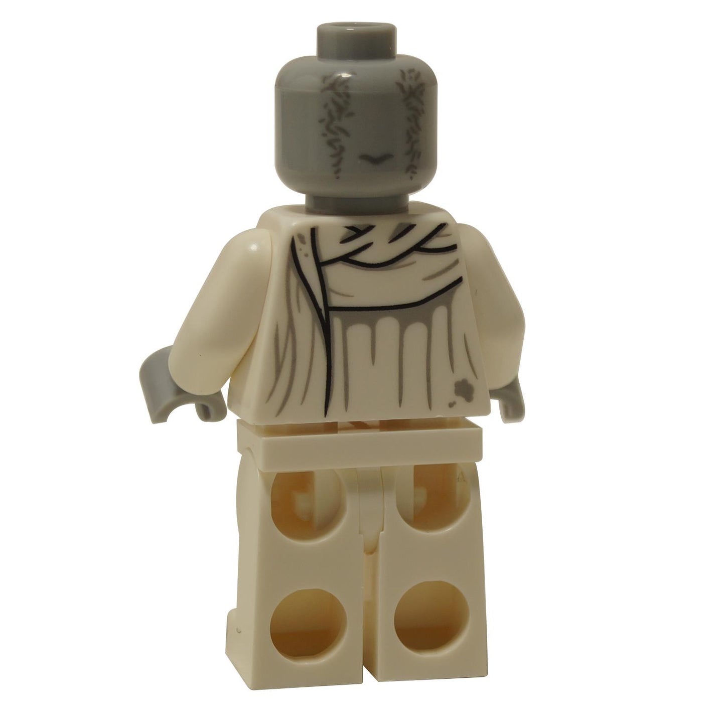 A minifigura hátulról, fehér, tekercs-stílusú torsónyomattal és világoskék szürke fejjel, piros szemekkel.