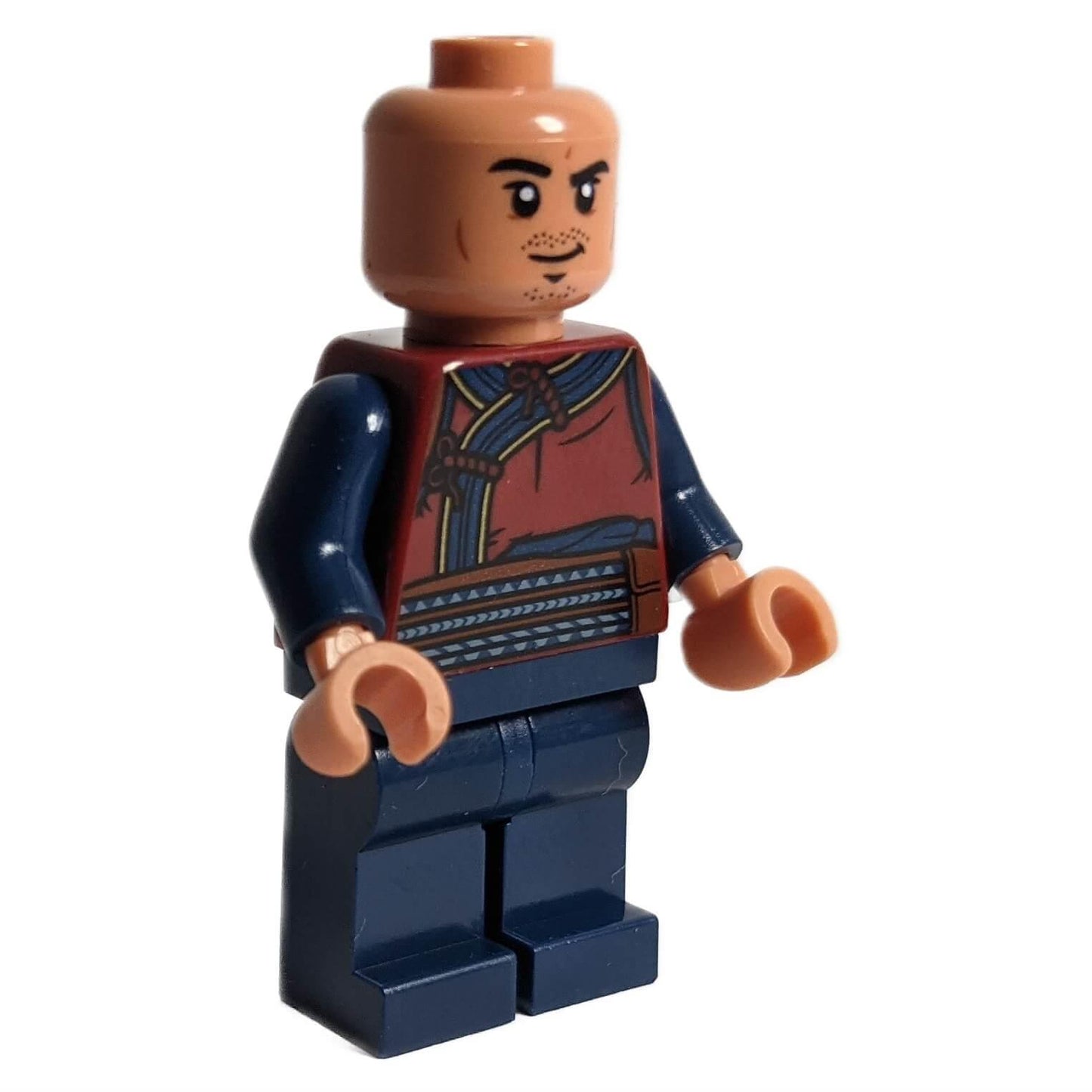 LEGO minifigure of Wong from the Marvel Cinematic Universe, with intricate red and navy robe and a determined expression.