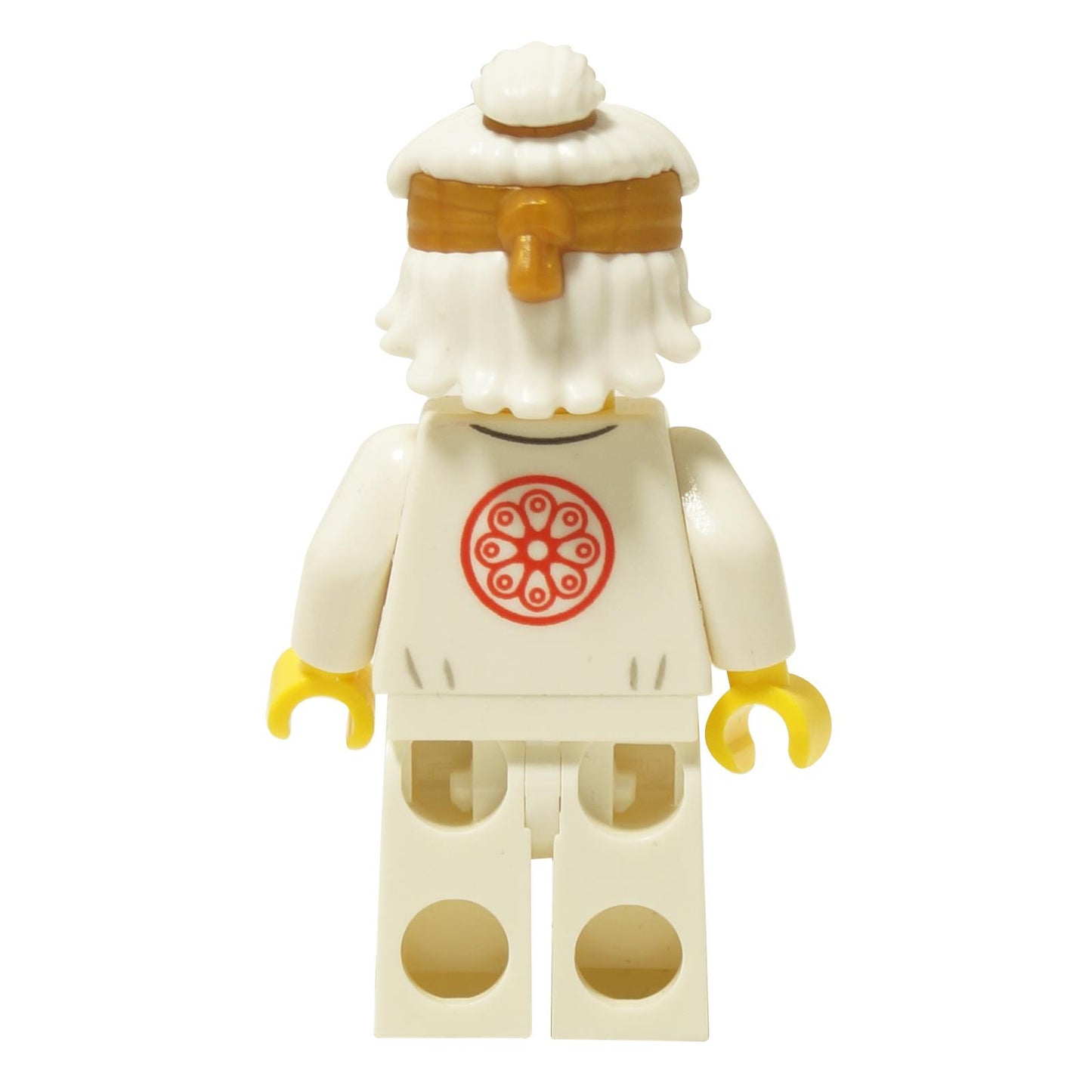 LEGO® Wu Teen Sensei Wu minifigure back view with white training gi and red emblem print close-up