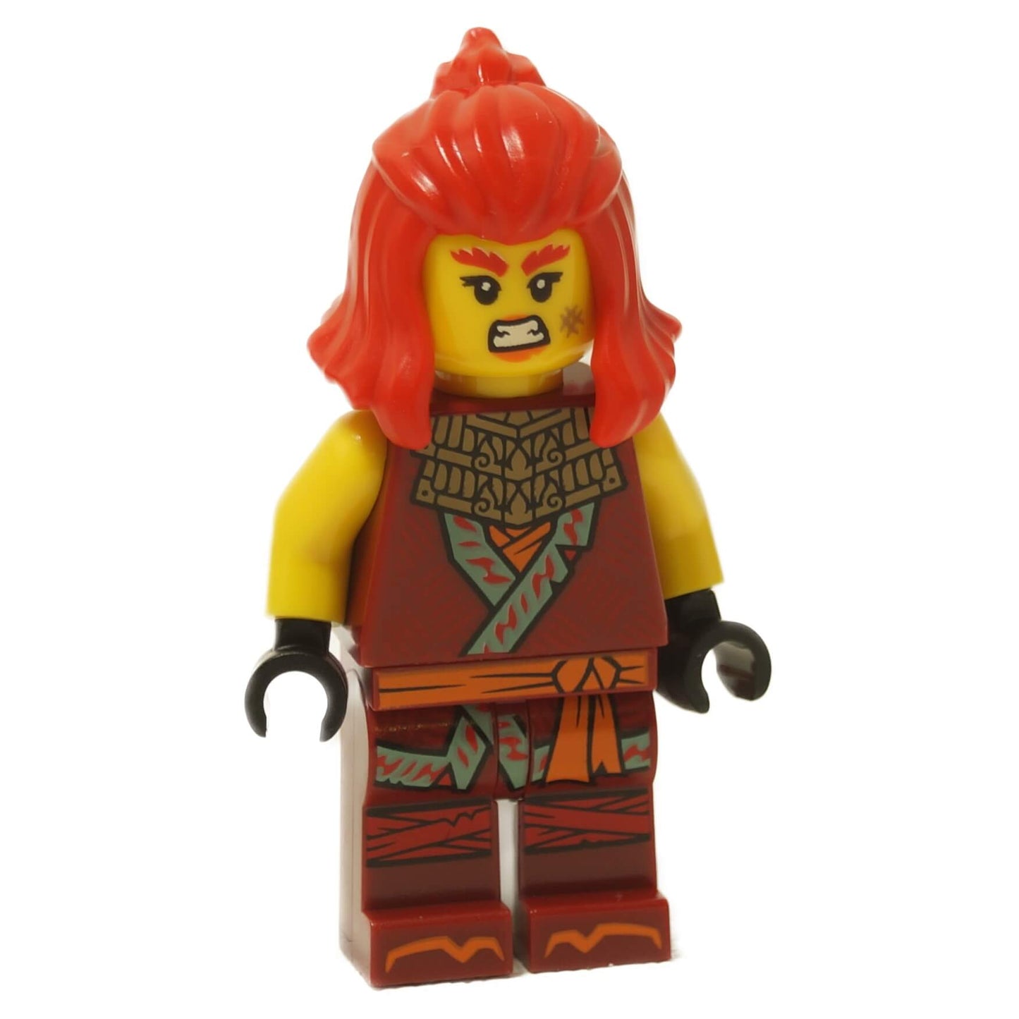 LEGO Wyldfyre minifigure dark red tunic njo0872 angled view flame hair detail
