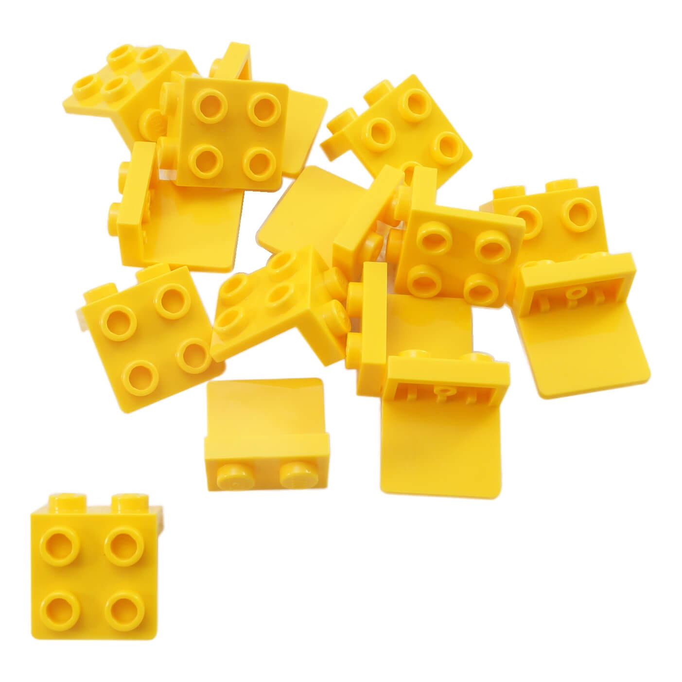 Pile of bright yellow LEGO Bracket 1x2 - 2x2 pieces (44728) scattered on white.