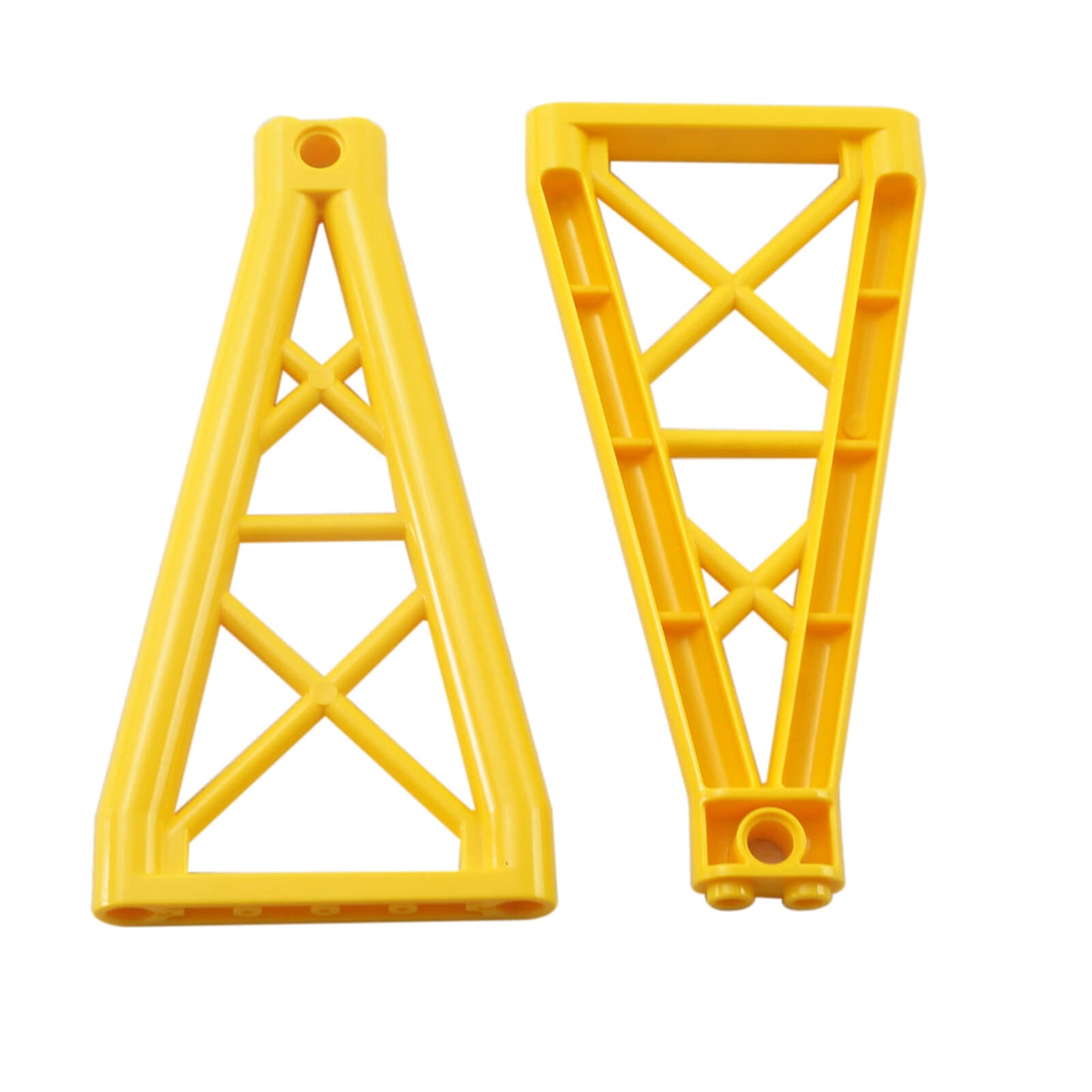 Yellow triangular girder support piece 1x6x10, lattice frame element for structural builds and scaffolding.
