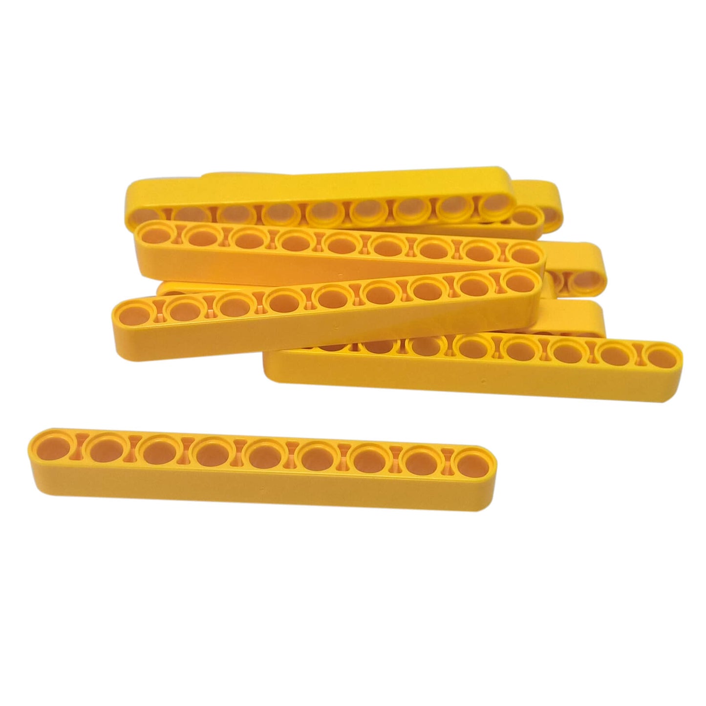Yellow Technic liftarm 1 x 9 thick beam with evenly spaced pin holes, sturdy structural connector for builds