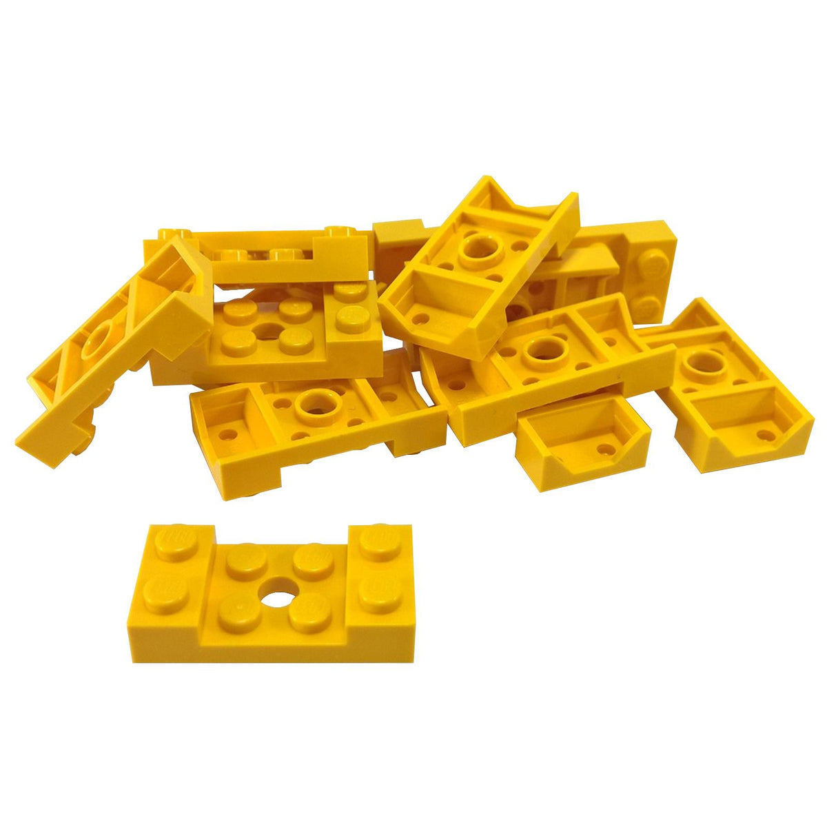 Yellow LEGO® vehicle mudguard part 60212 shown from multiple angles with studs, central round hole and arched wheel opening