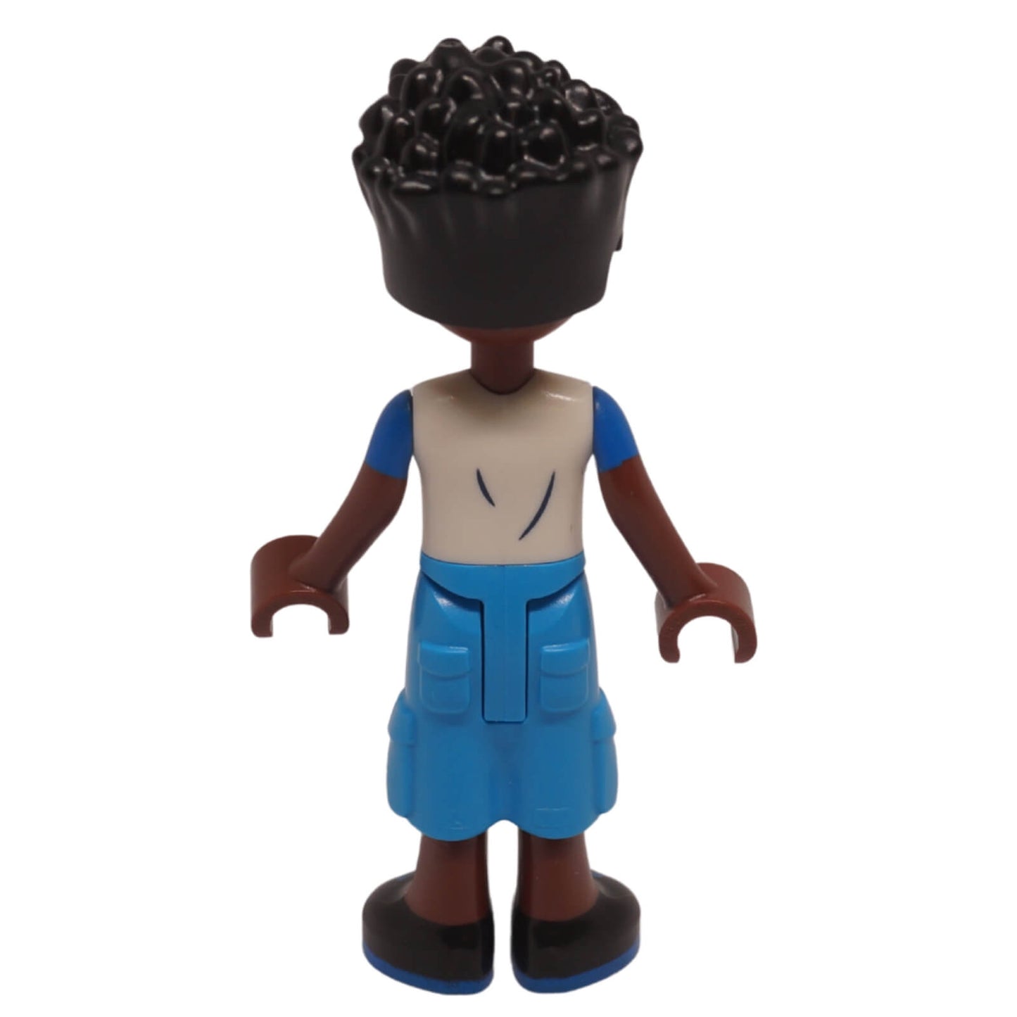 Zac mini doll back view with curly black hair, beige and blue top, blue shorts and black shoes
