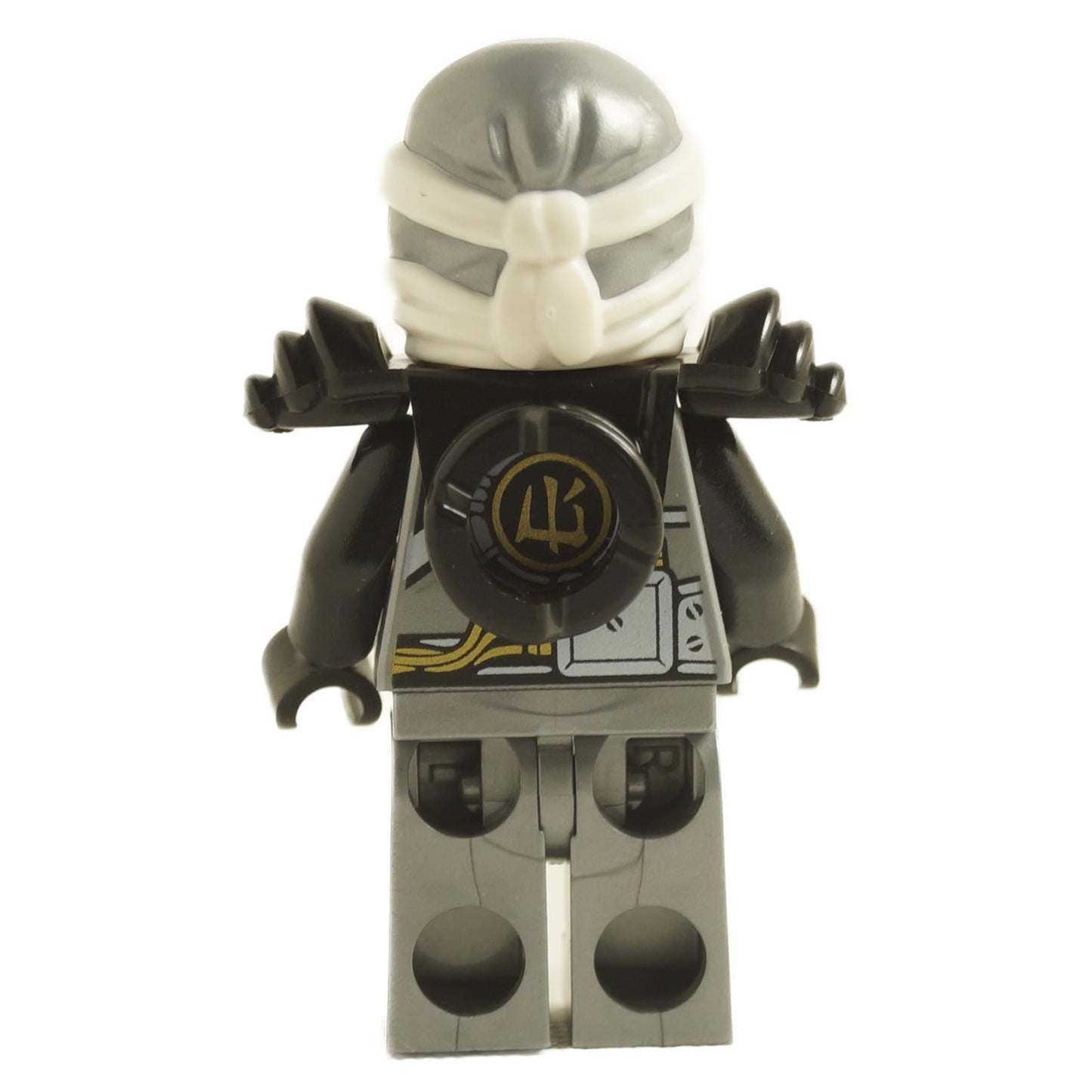 Zane njo0285 back view with black armor shoulder pads, circular emblem detail and white ninja hood