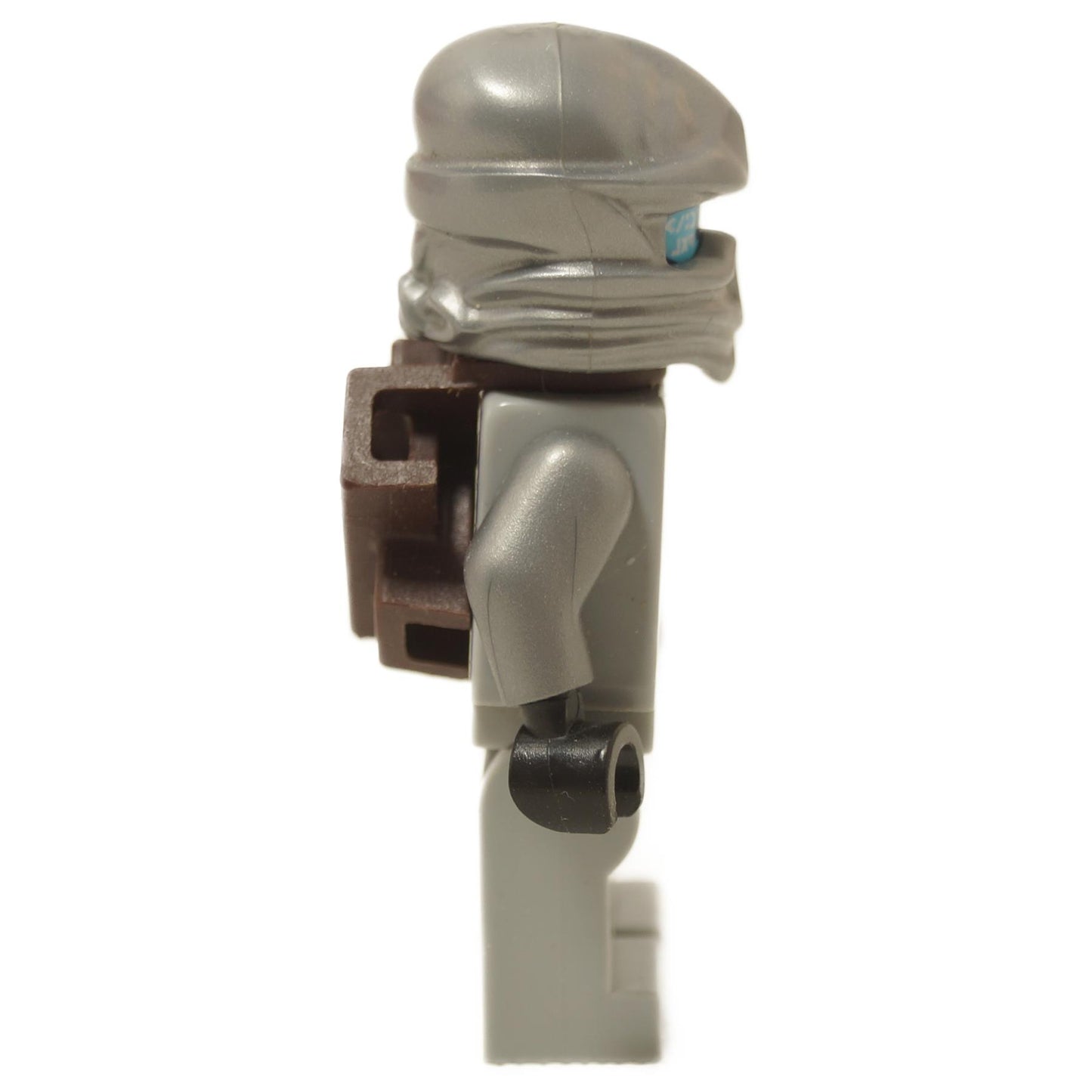 side profile view of LEGO Ninjago Zane titanium ninja minifigure in light bluish gray armor with scabbard