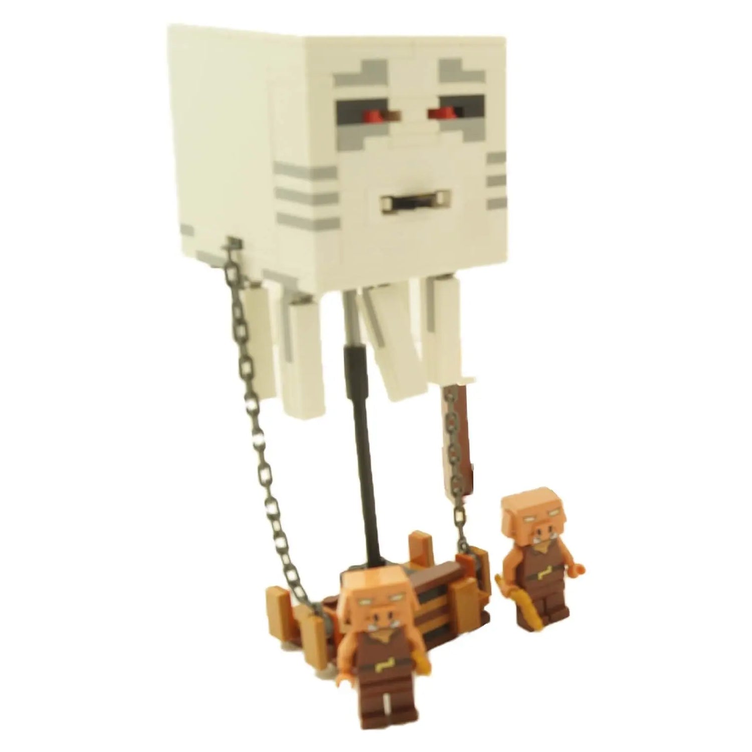 LEGO® Minecraft Attack Ghast from the Minecraft Movie carrying Piglins in a wooden basket, suspended by chains, ready for a Nether ambush