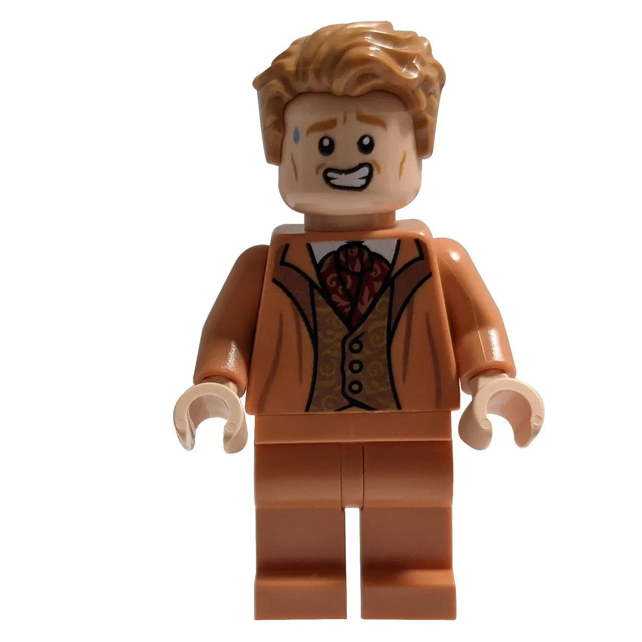 LEGO® Professor Gilderoy Lockhart minifigure with light orange suit, patterned vest, and a nervous facial expression featuring sweat and a grimace. From set 76389 Chamber of Secrets.