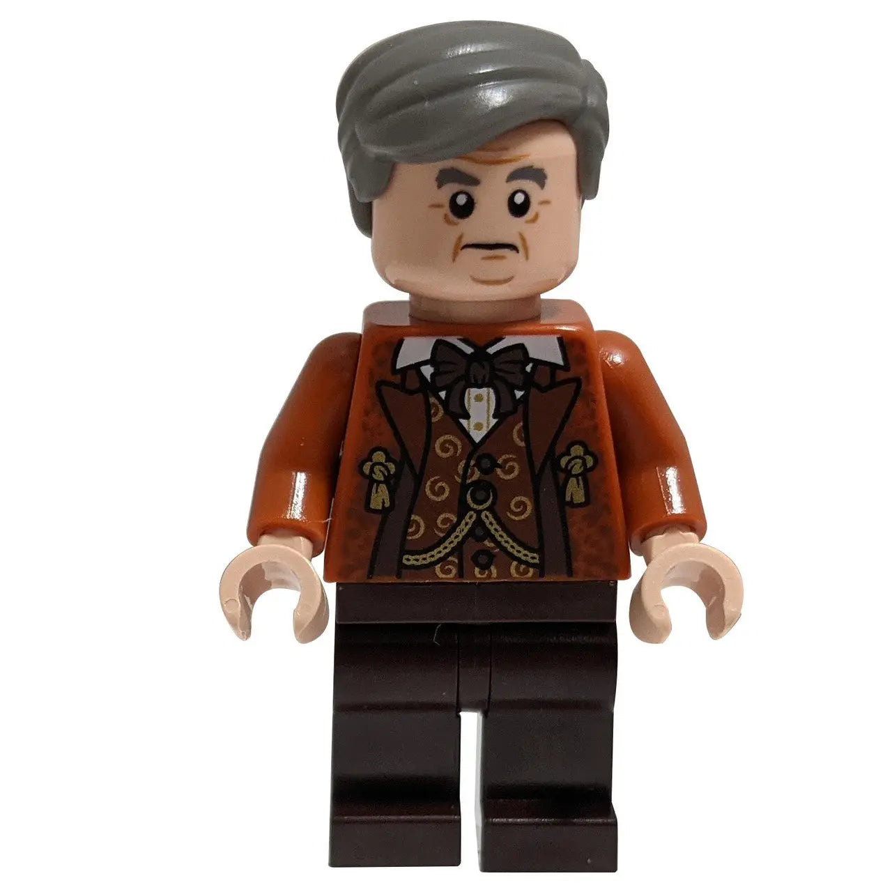 LEGO® Professor Horace Slughorn minifigure wearing a brown waistcoat with a green tie and smiling expression, posed against a neutral background.