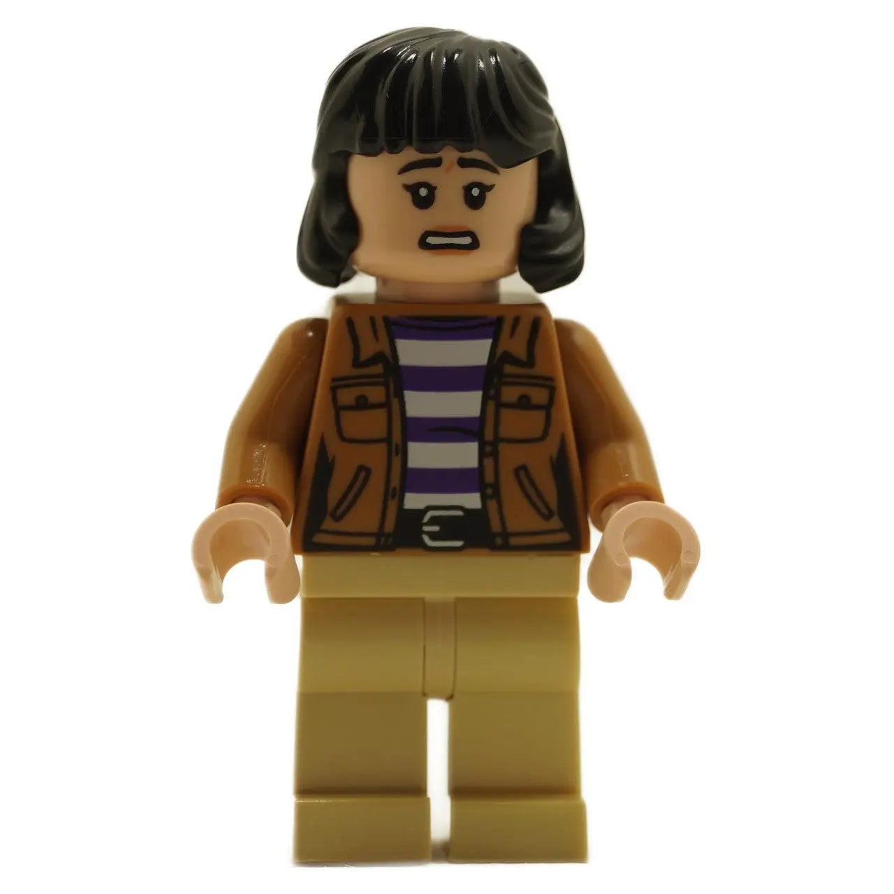 LEGO Yasmina "Yaz" Fadoula Minifigure from Jurassic World Camp Cretaceous & Chaos Theory, wearing a medium nougat jacket, purple and white striped shirt, and tan legs.