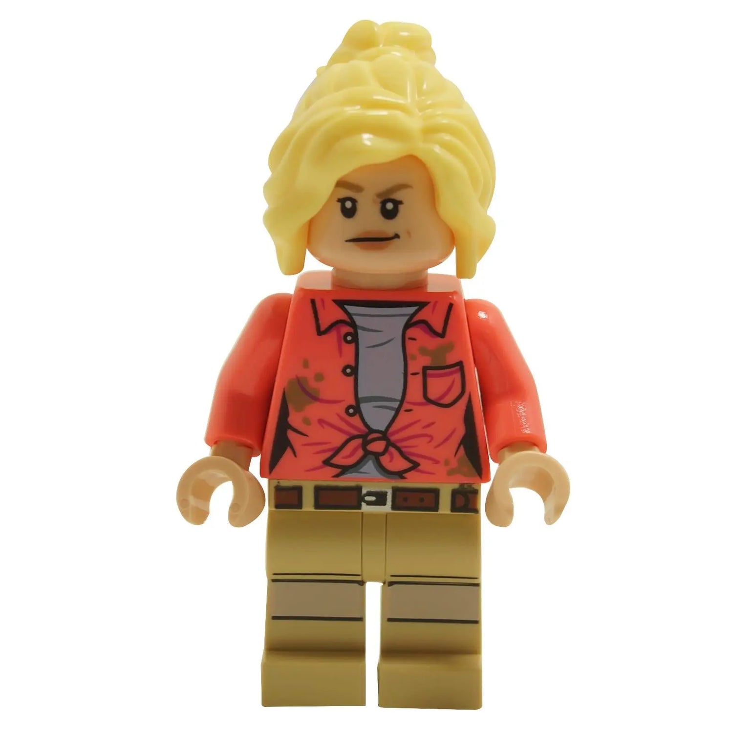 LEGO® Ellie Sattler in coral field shirt with muddy print and blonde ponytail – from Jurassic Park Triceratops scene.