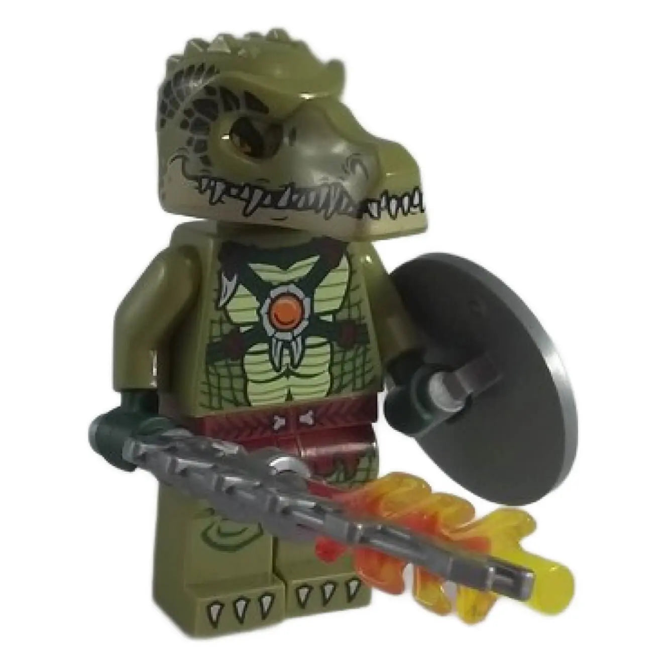 LEGO® Crocodile Tribe warrior minifigure from Legends of Chima, featuring a detailed crocodile helmet, tribal armor, shield, and flame staff.
