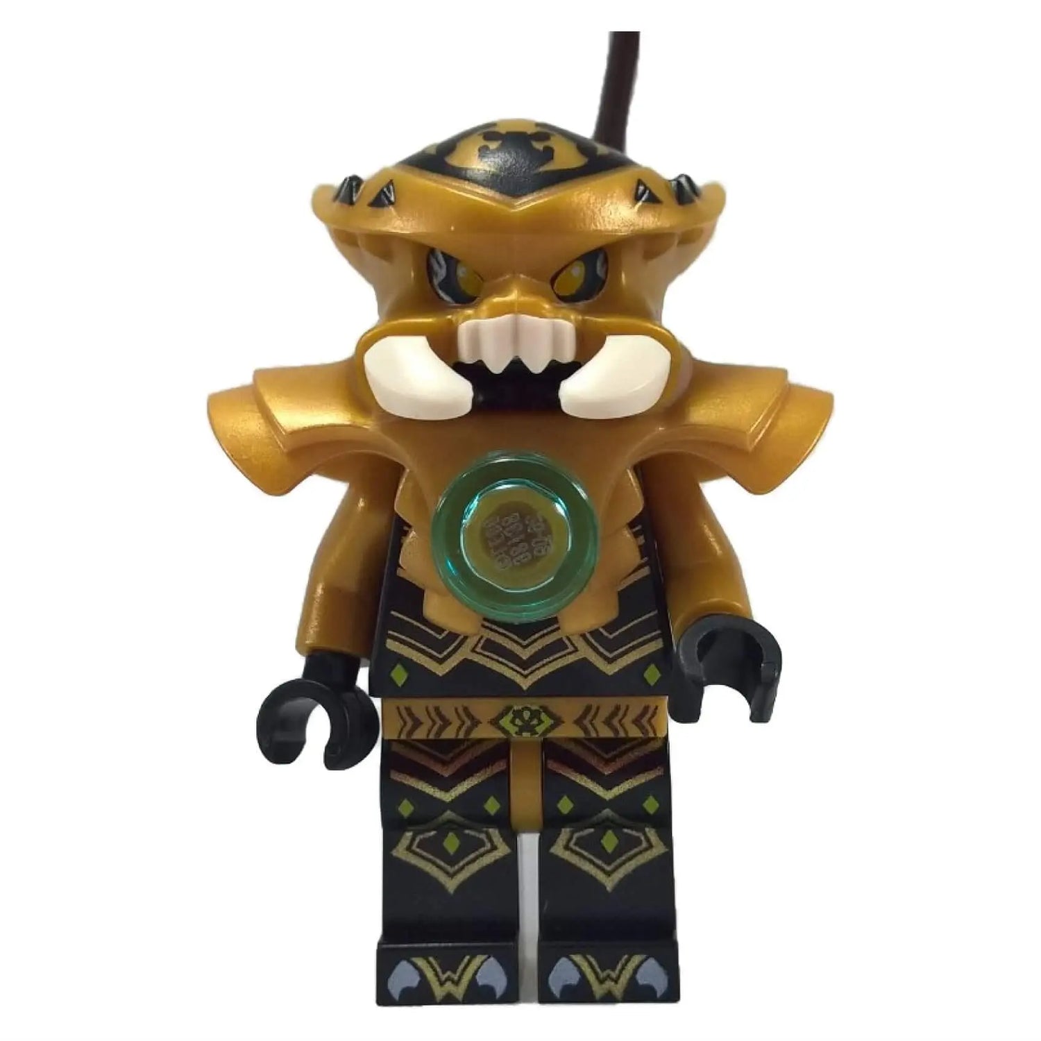 Legends of Chima Scorm minifigure front view in golden armor and Chi orb